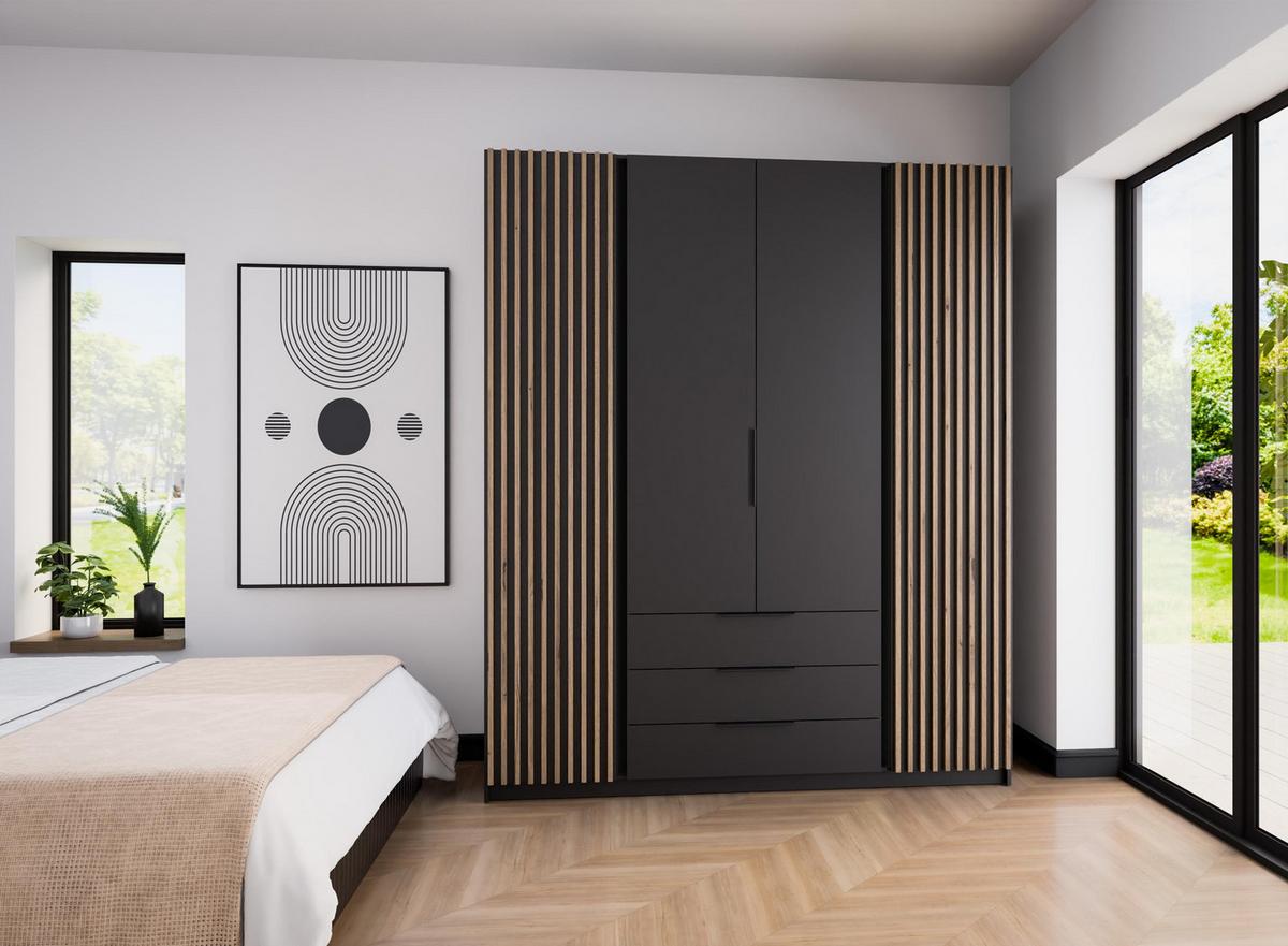 KLEIDERSCHRANK Nehir Korpus Schwarz, Front Schwarz/Eiche Evoke 200 cm - 4T3S Modern mit Schubladen und 2 Lamellentüren außen - Schwarz, Holzwerkstoff/Kunststoff (200/239/61.9cm) - AX Living