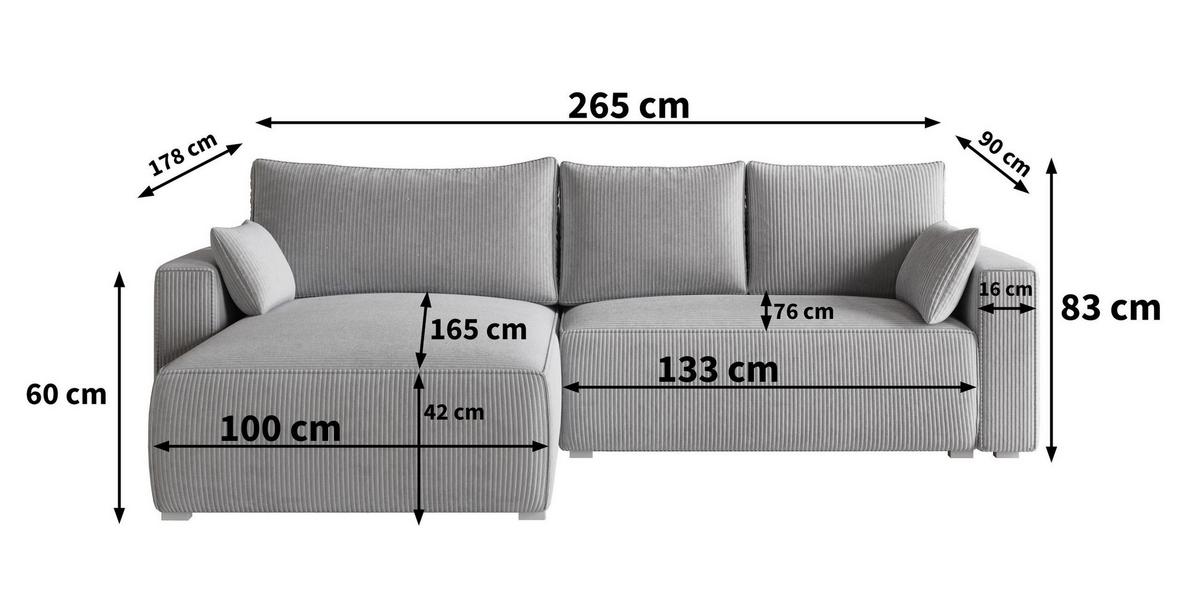 ECKSOFA FORIL P Graphitfarben Kordstoff mit Schlaffunktion - Graphitfarben/Grau, Holz/Kunststoff (265/178cm) - MASSENO
