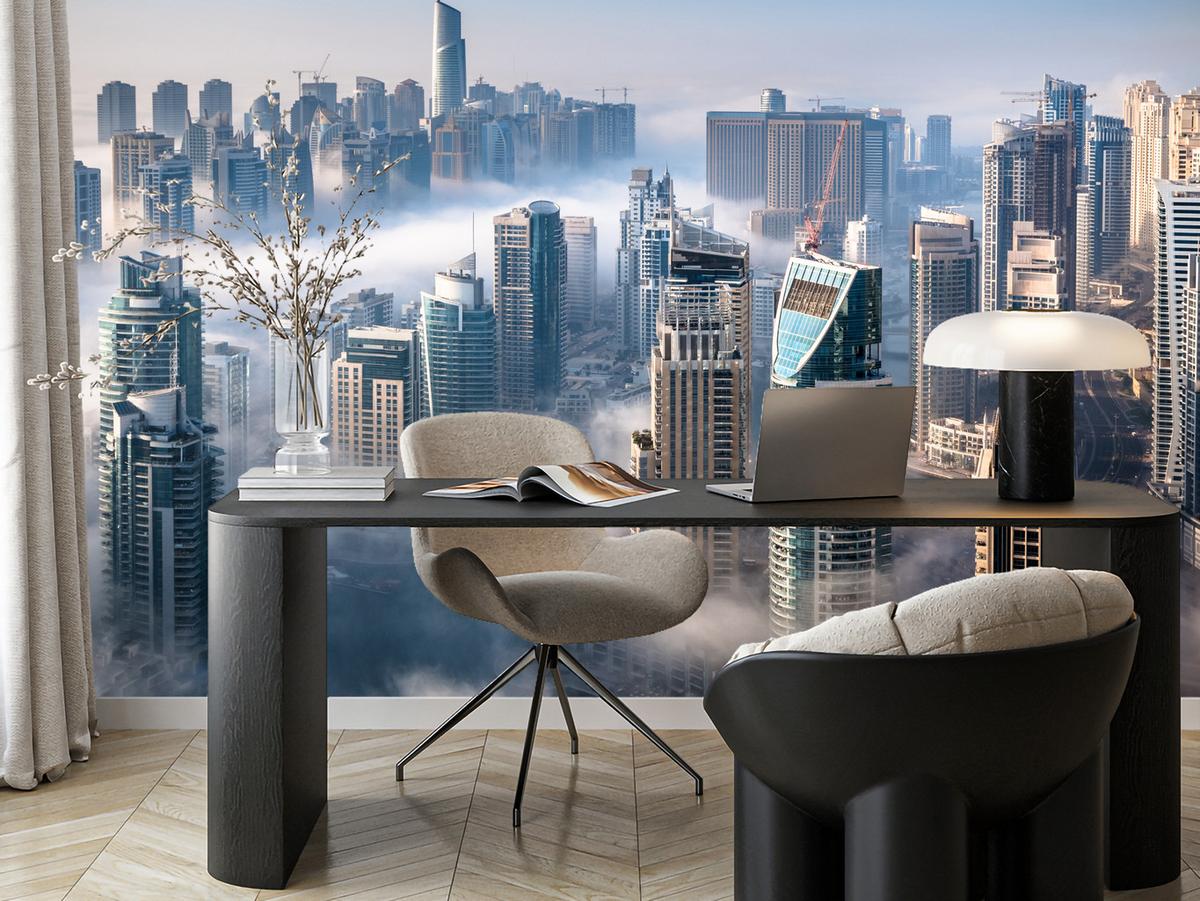 FOTOTAPETE für Büro Dubai Nebel Wolkenkratzer Skyline Panorama 400x280 - Blau/Beige, Papier (400/280cm) - Muralo