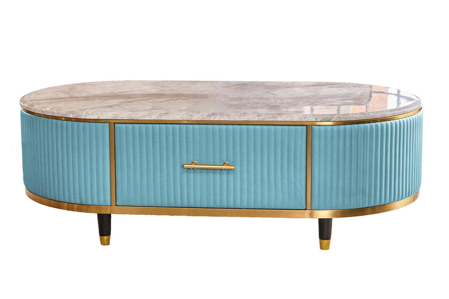 COUCHTISCH MARIA Hellblau Marmor, Kunstleder - Schwarz/Hellblau, Stein/Metall (70/130/45cm) - KAWOLA