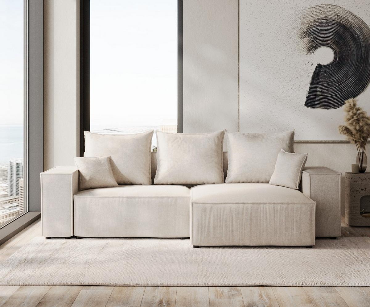 ECKSOFA SENSO mit Schlaffunktion Hellbeige im Wind Stoff - Beige/Schwarz, Holz/Holzwerkstoff (255/148cm) - AltaBeds