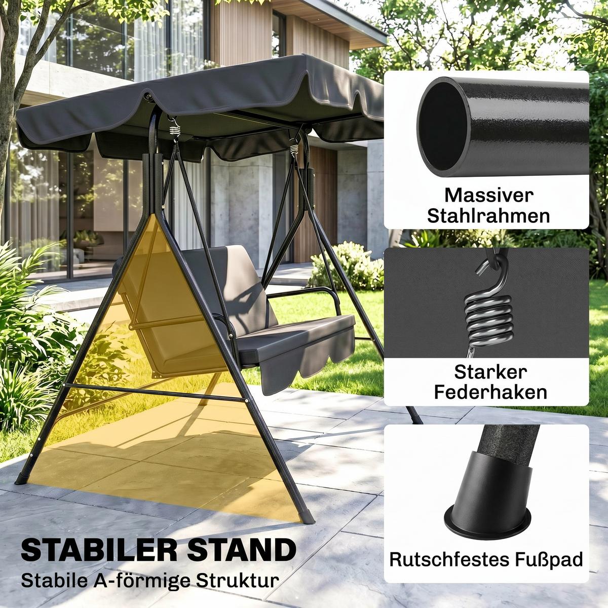HOLLYWOODSCHAUKEL, 3-Sitzer, Stahl, Schwarz, 172 x 110 x 153 cm - Schwarz, Metall (110/153/172cm) - Outsunny