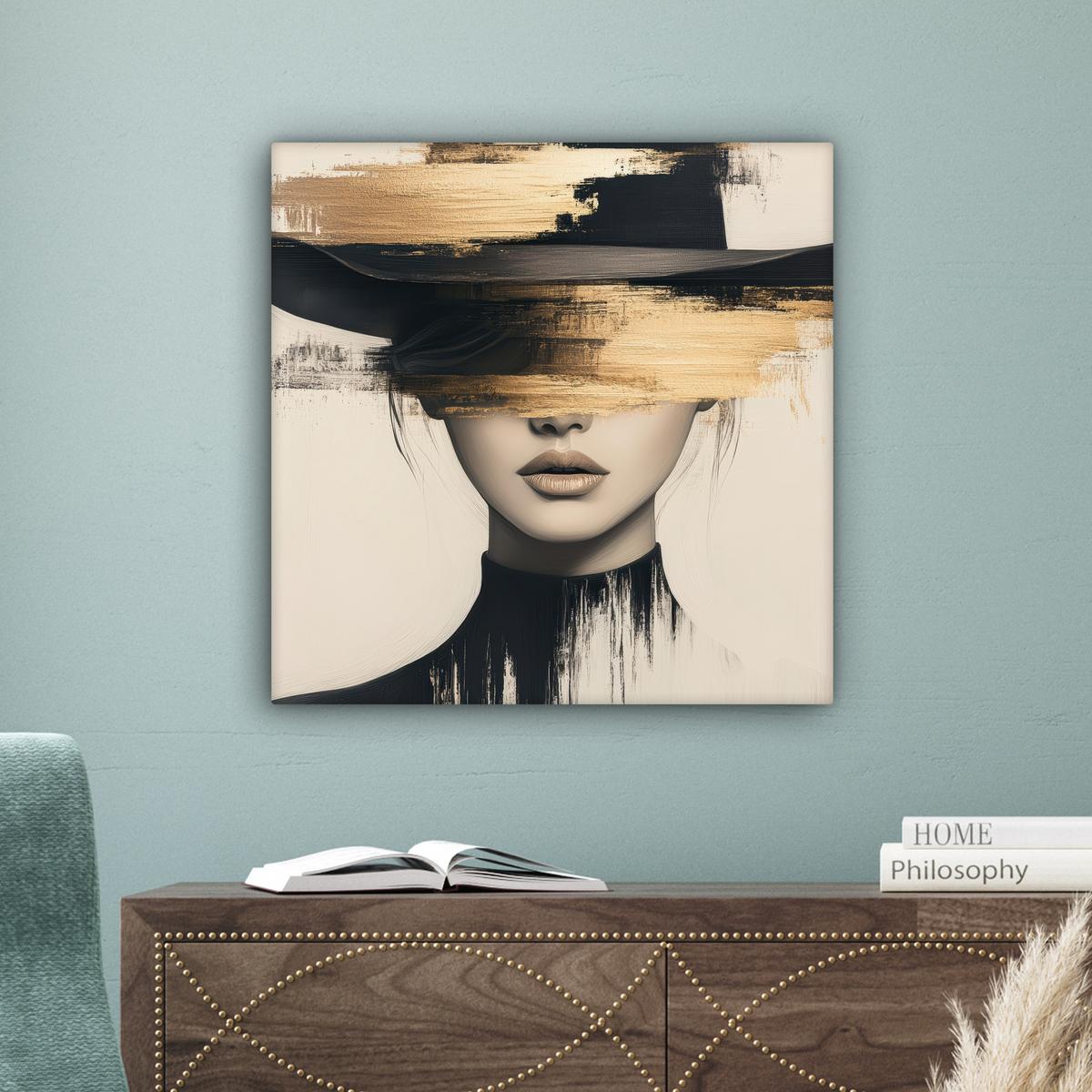 LEINWANDBILD Frau - Hut - Farbe Wandbild Wohnzimmer 50x50 cm - Goldfarben, Textil (50/50cm) - MuchoWow