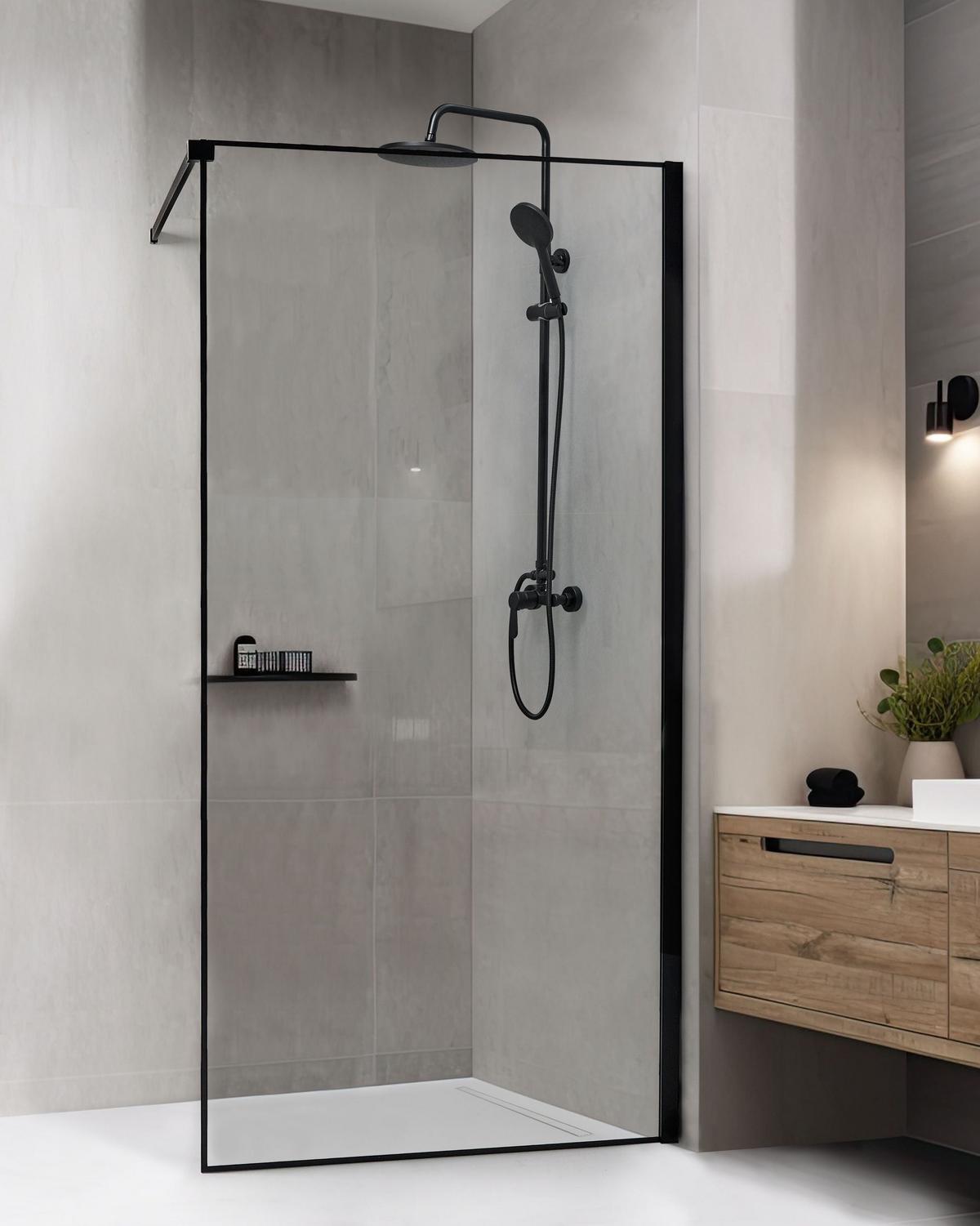 DUSCHWAND 100/190 cm Schwarz Waspam - Transparent/Schwarz, Glas (100/190cm) - Beliani