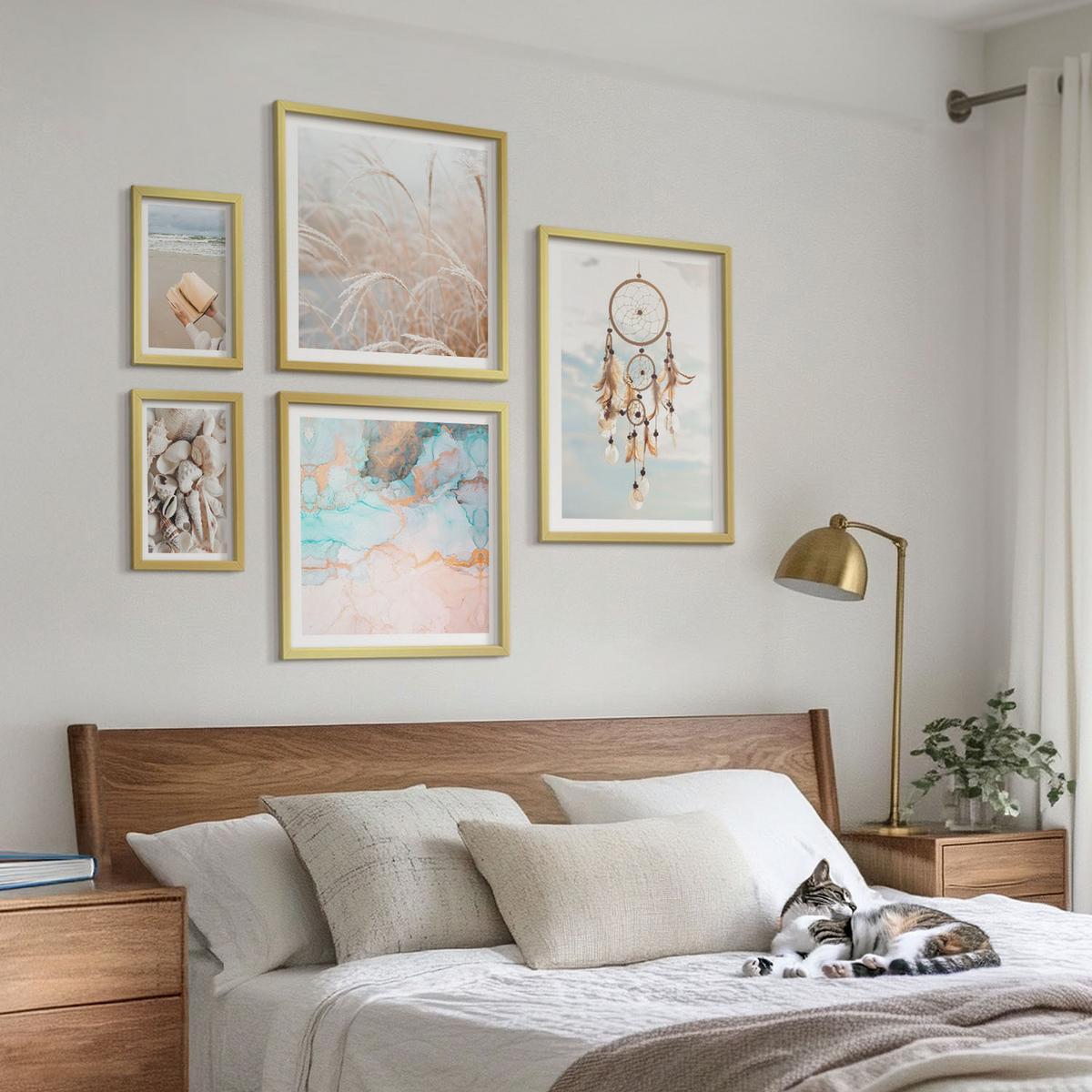 BILDER SET 5er Set - 50x50 cm & 20x30 cm & 40x60 cm Goldrahmen - Stadtansichten, Brücken, Eiffelturm, Auto - Goldfarben, Kunststoff (40/60cm) - TULUP