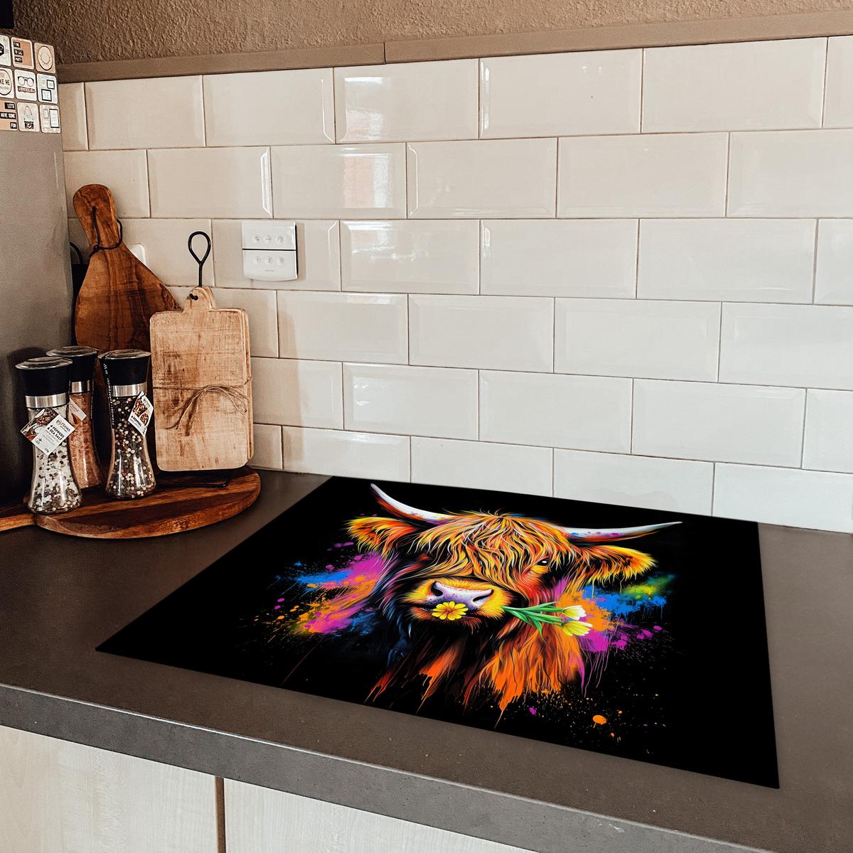 HERDABDECKPLATTE Schottischer Highlander - Graffiti - Bunt - Blume - Tiere Herdabdeckung Induktionsfeld 65x52 cm - Multicolor, Kunststoff (65/52/0.2cm) - MuchoWow