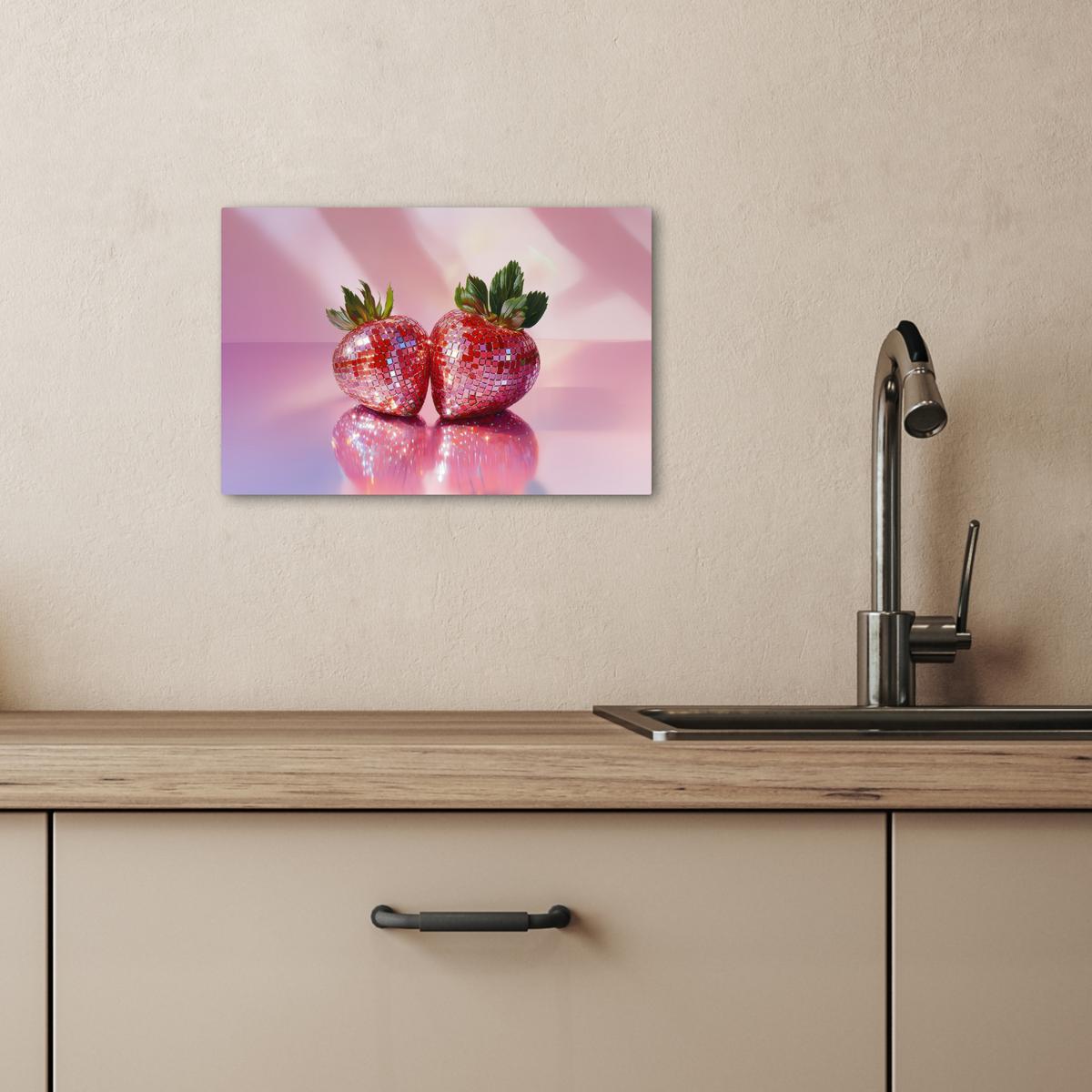 LEINWANDBILD Disco - Obst - Glitzer - Erdbeere Deko Schlafzimmer 30x20 cm - Pink, Textil (30/20cm) - MuchoWow