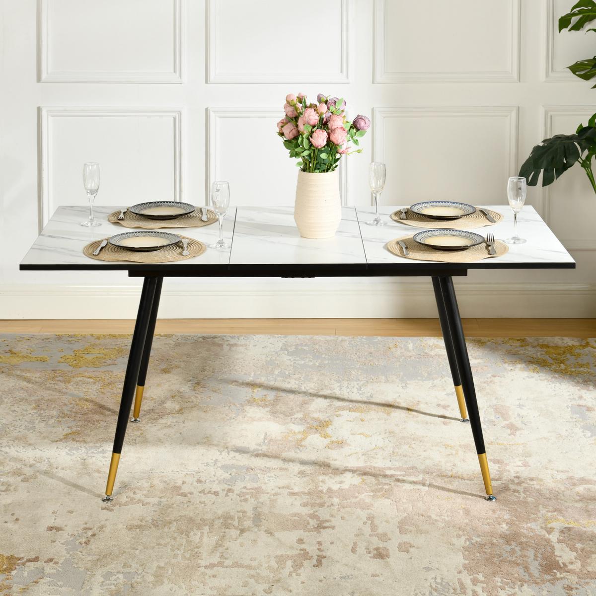 ESSTISCH Weiß Marmormuster rechteckig ausziehbar 120-160/80/75cm - Walnussfarben/Schwarz, Holz/Metall (80/120/75cm) - Urban Meuble