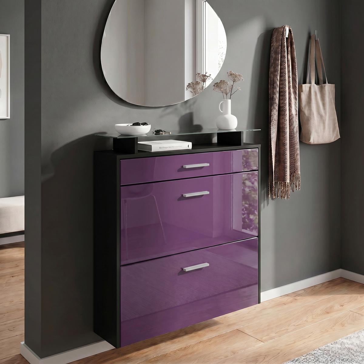SCHUHSCHRANK Malea Front in Brombeer Hochglanz - Brombeere, Holzwerkstoff (89/96/23cm) - Vladon