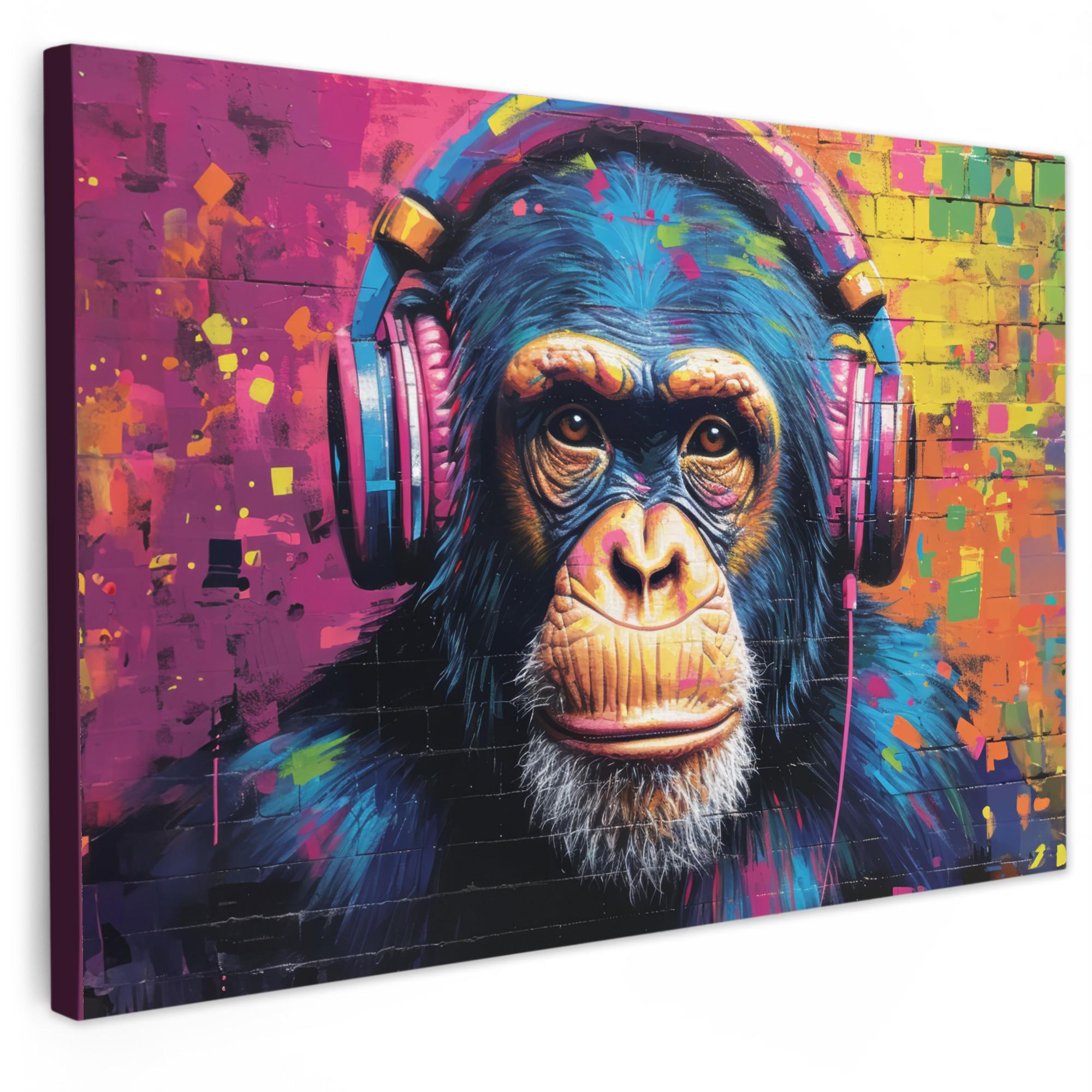 LEINWANDBILD Graffiti - Schimpanse - Straßenkunst - Kopfhörer - Affe Wohnzimmer Groß 120x80 cm - Blau, Textil (120/80cm) - MuchoWow