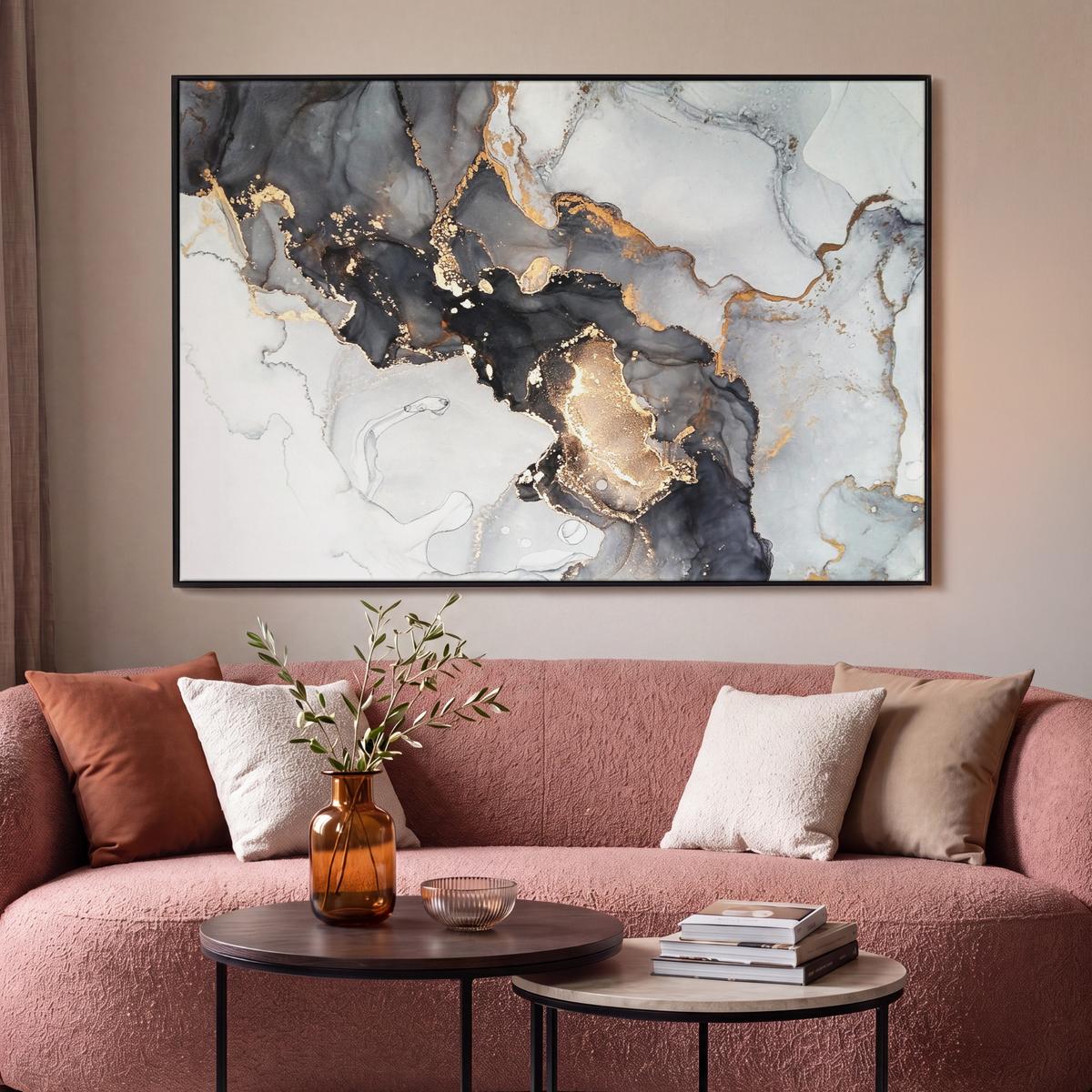 LEINWAND Bilder mit Rahmen - Marmor - Schwarz - Weiß - Gold - Luxus - Abstrakt - 140x90 - Goldfarben, Textil (140/90cm) - MuchoWow