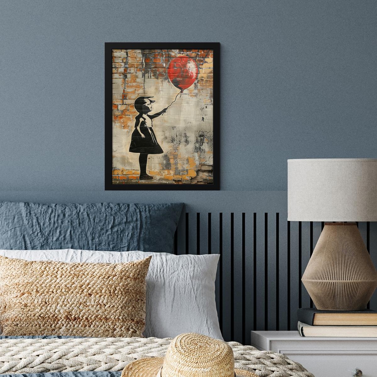 POSTER MIT RAHMEN Graffiti - Banksy - Mädchen - Straßenkunst Bilderrahmen 30x40 cm - Sandfarben, Papier (30/40cm) - MuchoWow