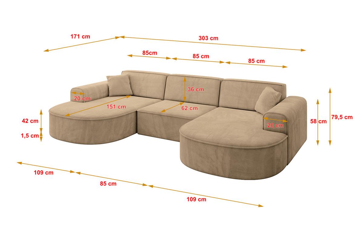 WOHNLANDSCHAFT MARI-U1 - 303x171x79 cm Taupe Velours - Taupe/Schwarz, Holzwerkstoff/Kunststoff (303/79/171cm) - ALTDECOR