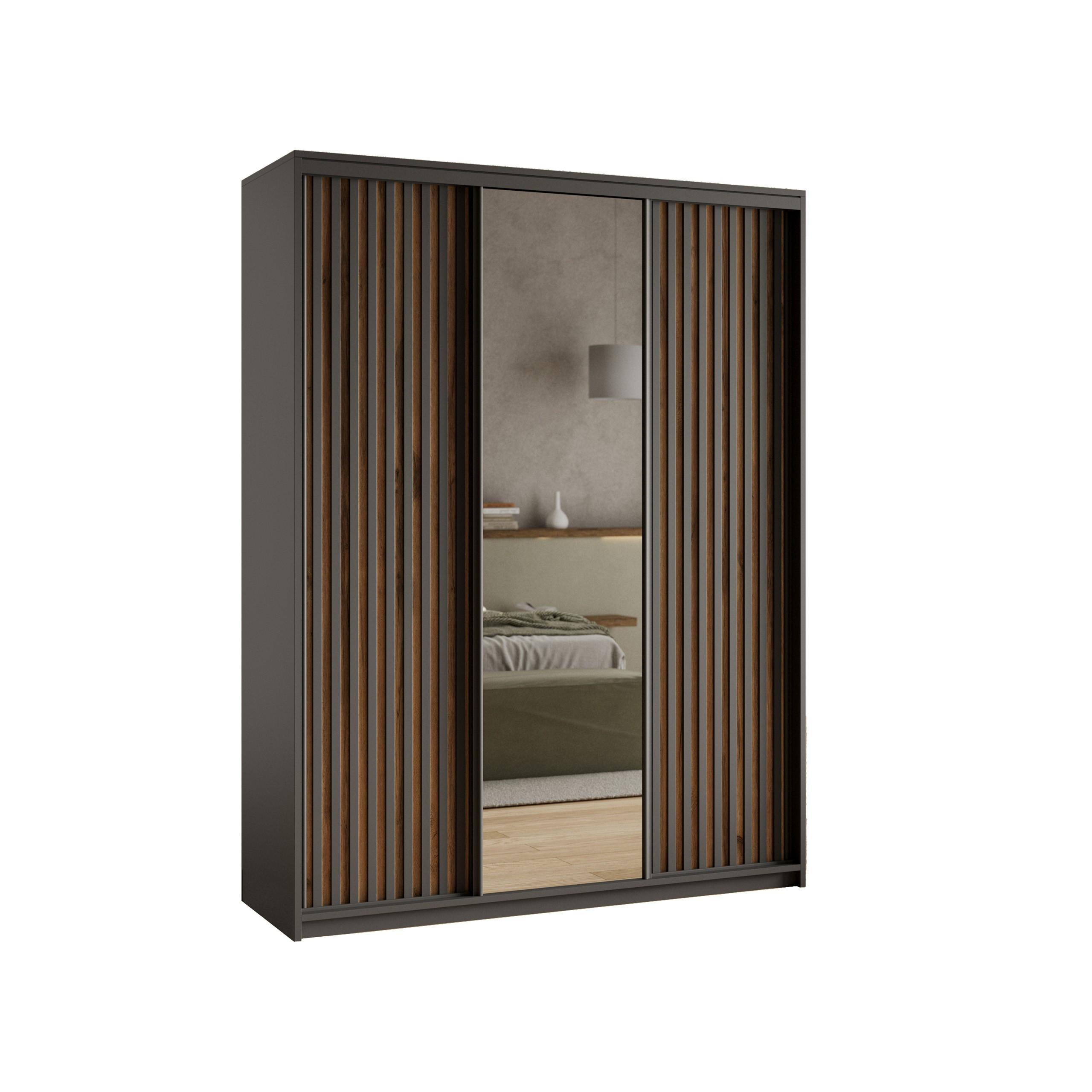 SCHWEBETÜRENSCHRANK ORRA 150/205/60 cm 3-türig mit Spiegel und Lamellen Schwarz - Eiche Wotan/Schwarz, Holzwerkstoff (150/205/60cm) - MASSENO