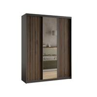 SCHWEBETÜRENSCHRANK ORRA 150/205/60 cm 3-türig mit Spiegel und Lamellen Schwarz - Eiche Wotan/Schwarz, Holzwerkstoff (150/205/60cm) - MASSENO