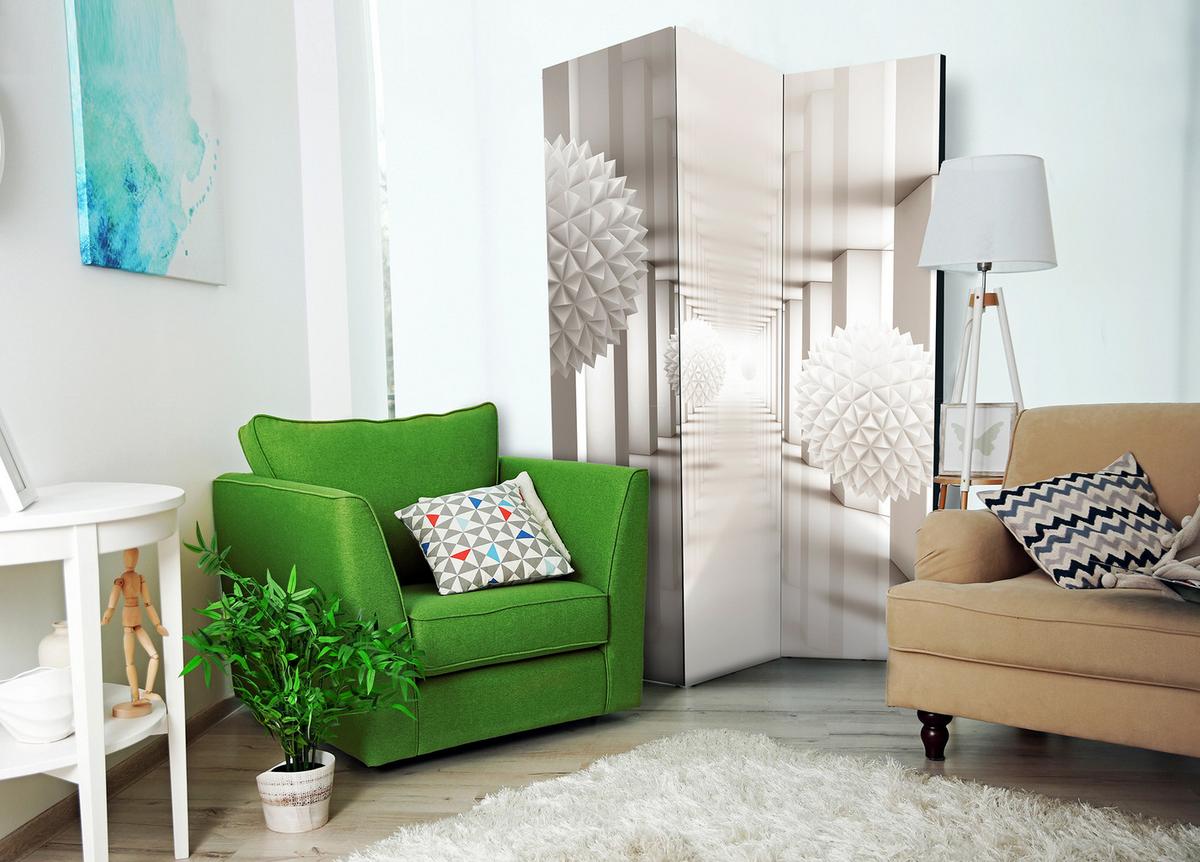 PARAVENT Beidseitig Bedruckter 3-tlg 135x172 cm Kugeln Tunnel 3D Abstraktion - Beige, Holz/Textil (135/172/3cm) - Muralo