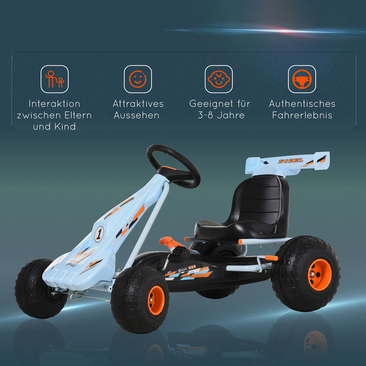 GO Kart Mit Pedal Kinderfahrzeug Tretauto mit Pedal ab 3 Jahre Stahl Hellblau - Hellblau, Metall (97/66/59cm) - HOMCOM