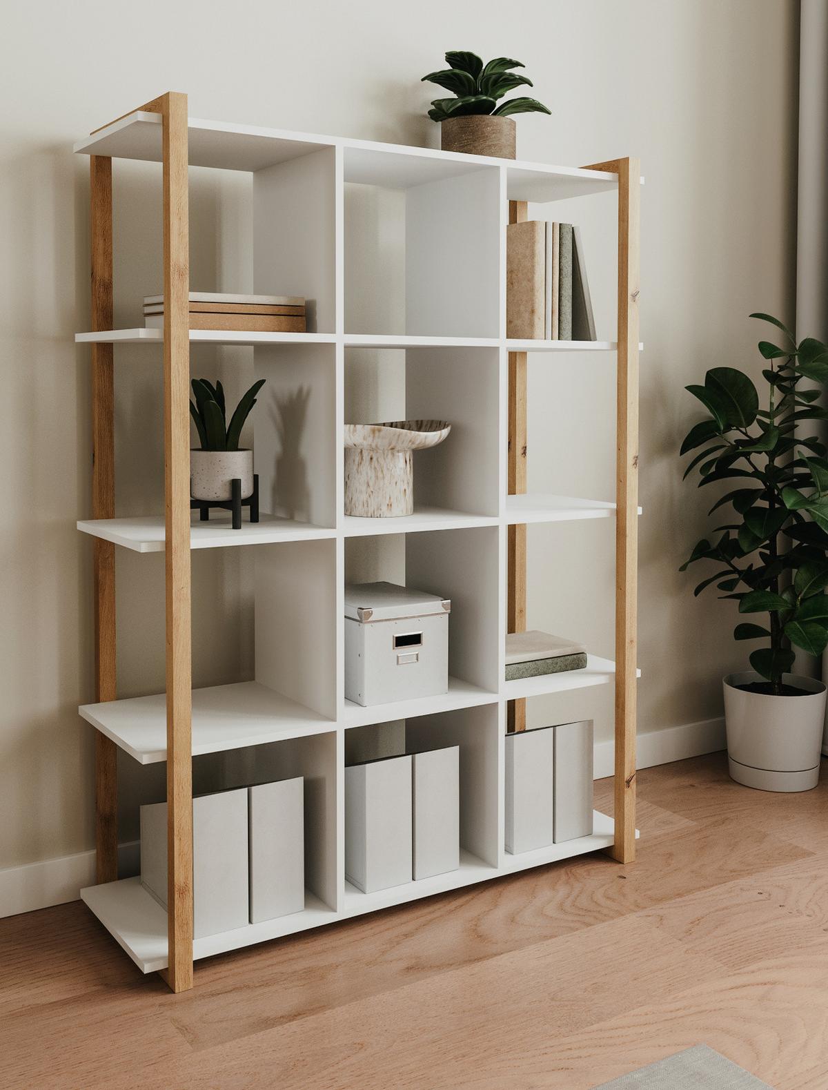 REGAL weiß, Eiche Artisan 107 x 145 cm, Bücherregal mit 12 Fächern - Weiß/Eiche Artisan, Holzwerkstoff (107/145/39cm) - Furn.Design
