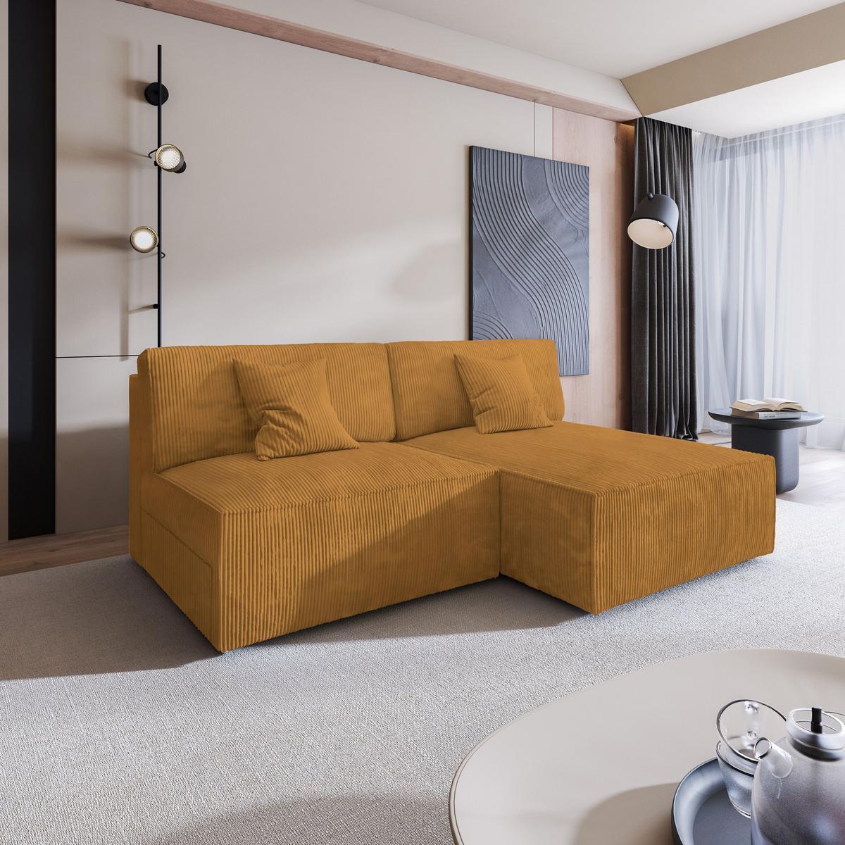 ECKSOFA FIORO P Gelb Kordstoff mit Schlaffunktion - Gelb/Grau, Holz/Kunststoff (204/148cm) - MASSENO
