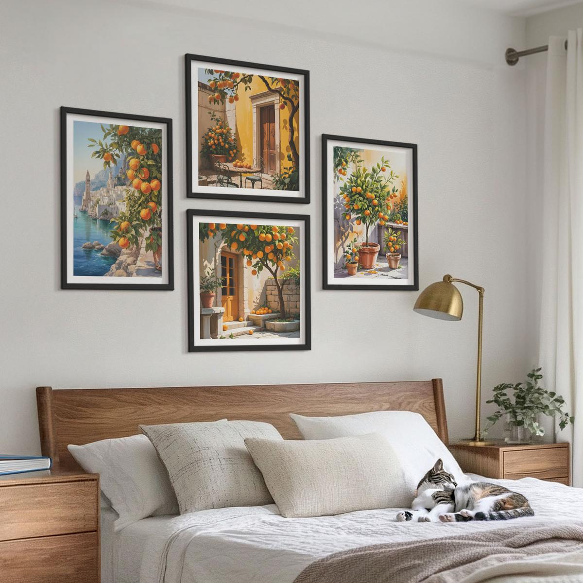 BILDER SET 4er Set - 50x50 cm & 40x60 cm Schwarzer Rahmen - Gemalte Zitruslandschaften - Schwarz, Kunststoff (50/50cm) - TULUP