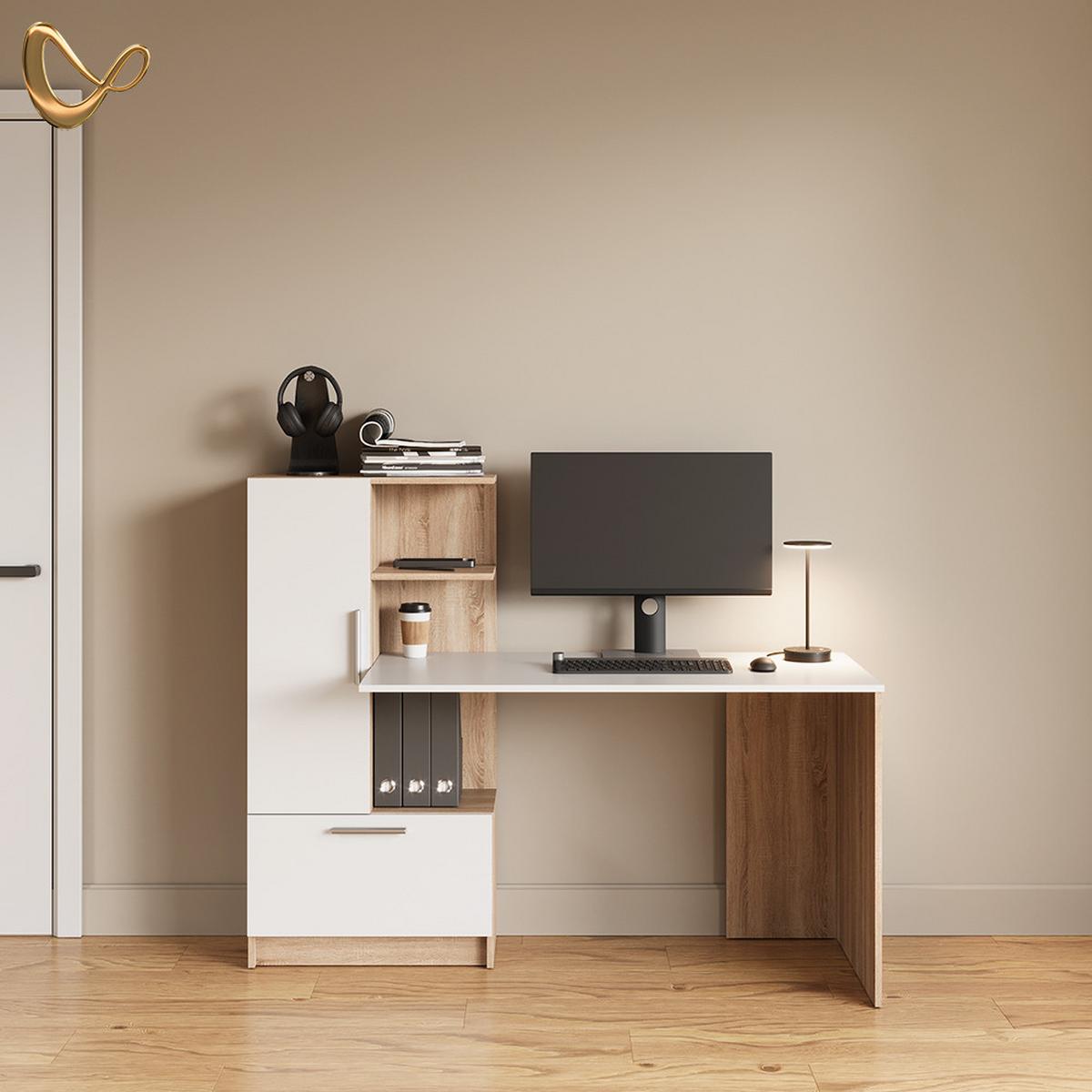SCHREIBTISCH Lorena Sonoma/Weiß 150 x 120.1 cm mit 2 Türen - Weiß/Sonoma Eiche, Holzwerkstoff (59.3/150/120.1cm) - Livinity®