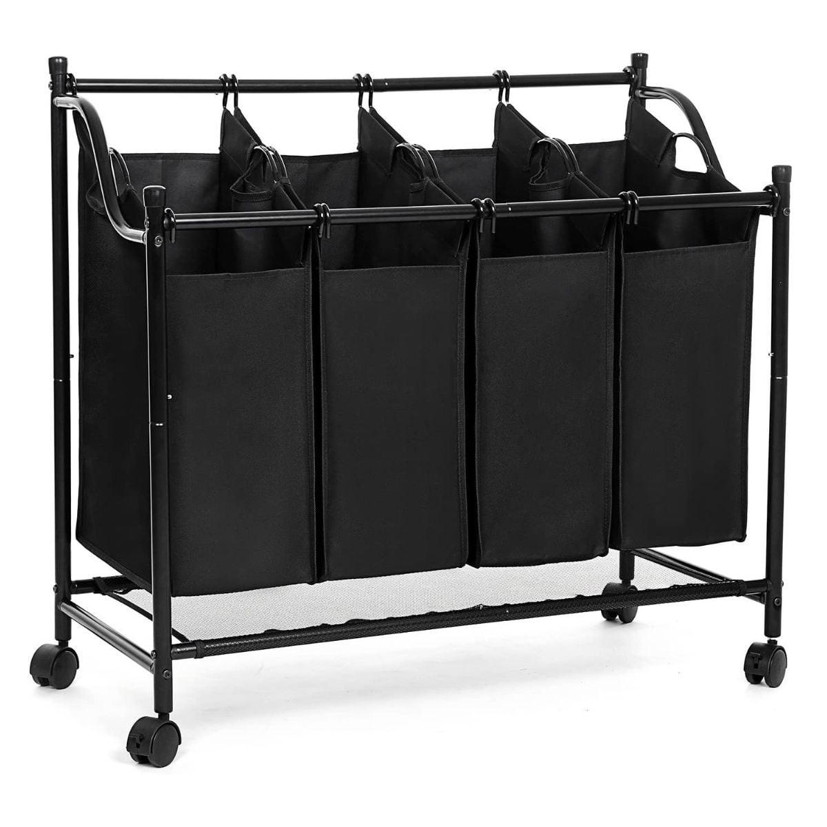 WÄSCHEKORB mit 4 abnehmbaren schwarzen Taschen auf Rädern - L87,5 cm - Grau, Metall (81/38.5/41.5cm) - Calicosy