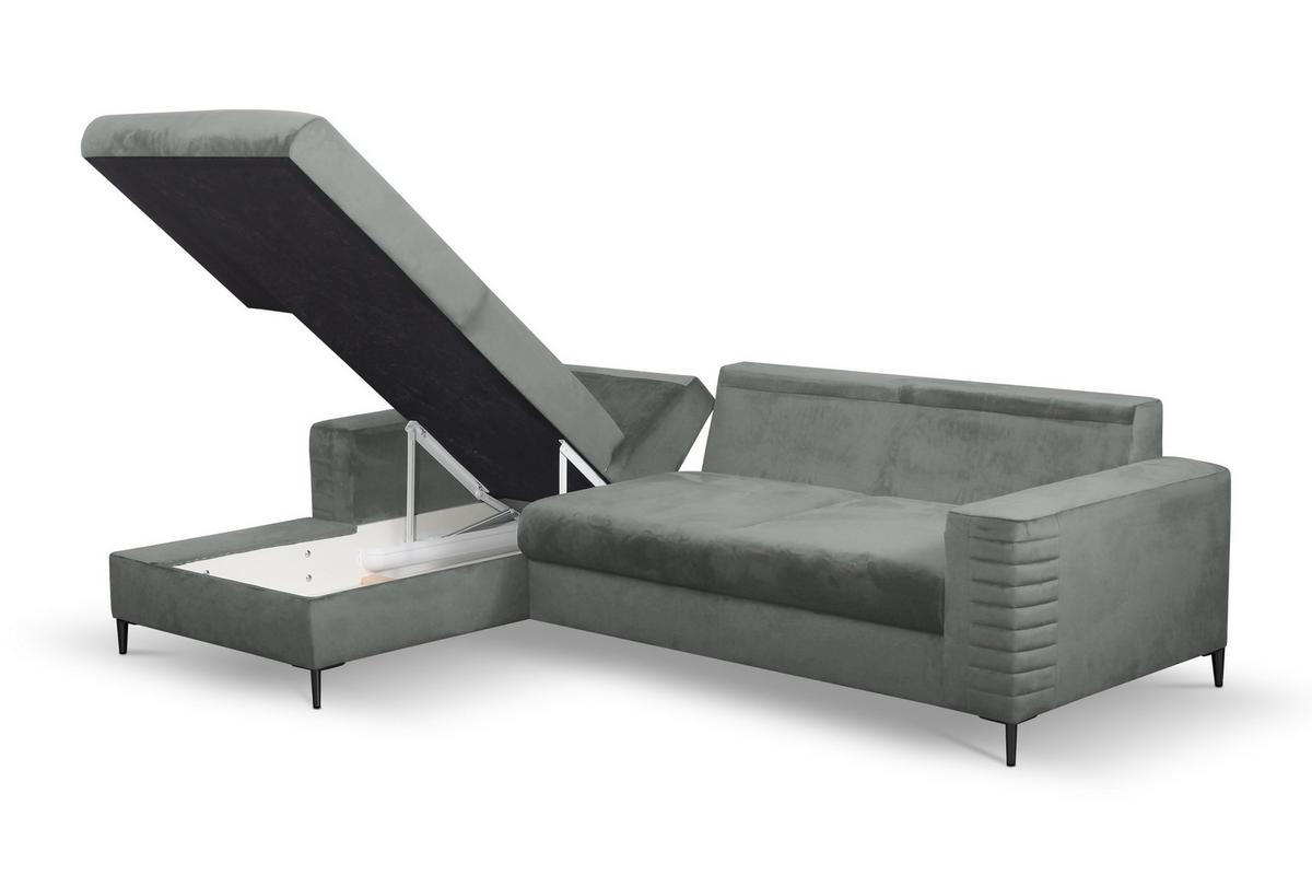 ECKSOFA GRIFO L-S Hellgrau Velours-Stoff mit Schlaffunktion - Hellgrau, Holz (253/165cm) - MASSENO