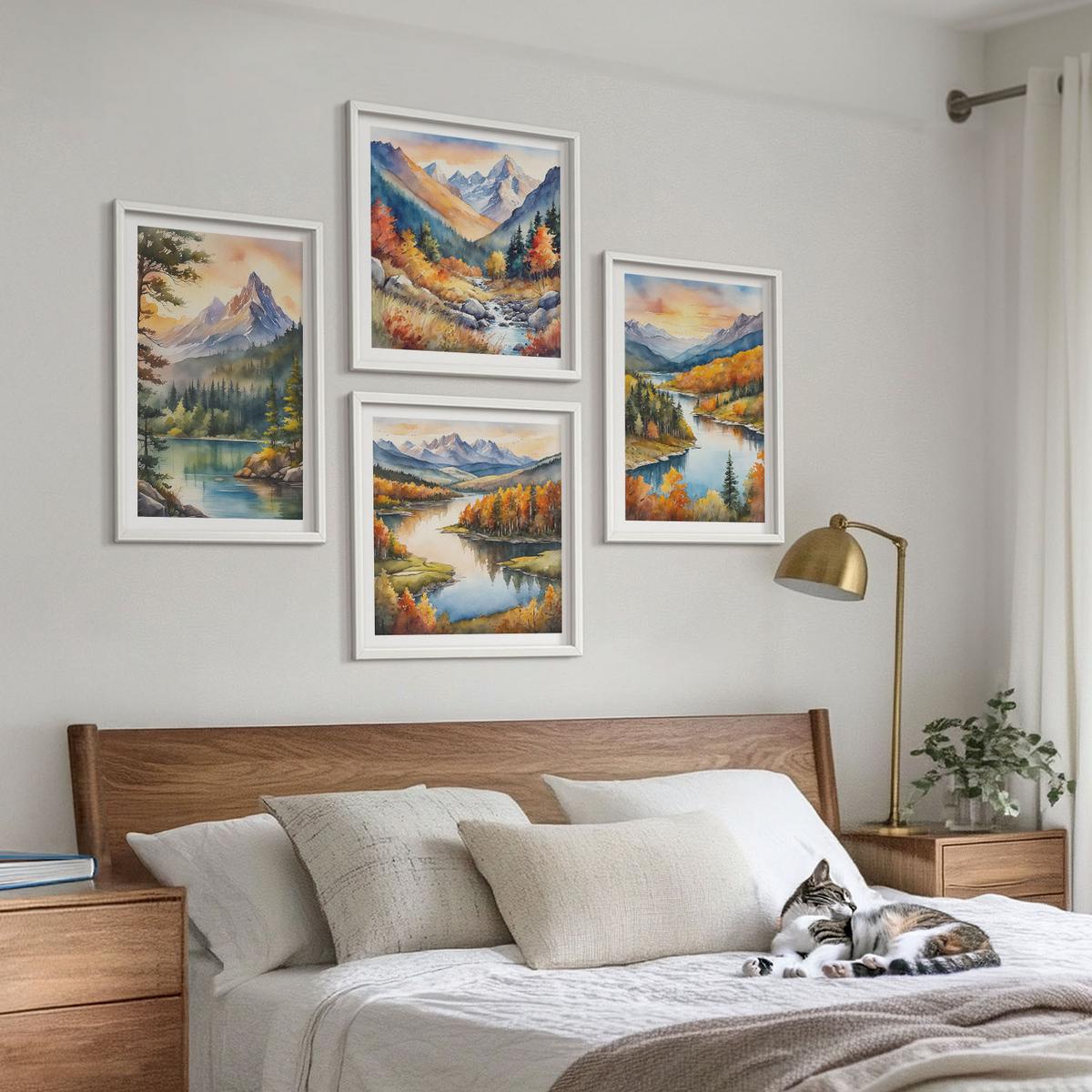 BILDER SET 4er Set - 50x50 cm & 40x60 cm Weißer Rahmen - Berglandschaften mit einem Fluss - Weiß, Kunststoff (50/50cm) - TULUP