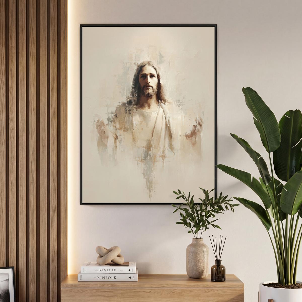LEINWAND Bilder mit Rahmen - Porträt - Abstrakt - Jesus - Beige - 70x100 - Beige, Textil (70/100cm) - MuchoWow