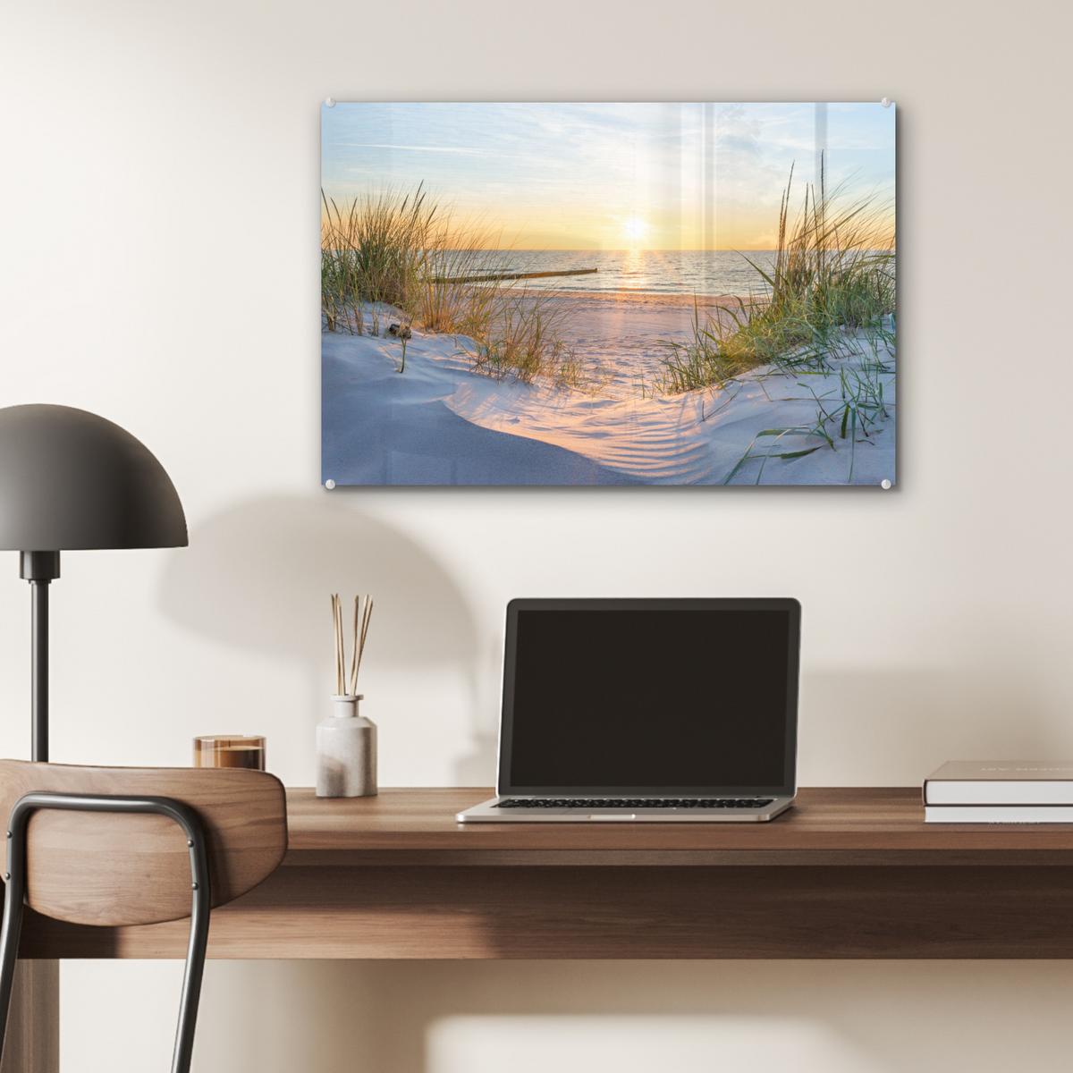 ACRYLGLASBILD Strand - Sonne - Düne - Gras - Sand - Horizont Wanddeko 60x40 cm - Hellblau, Glas (60/40cm) - MuchoWow