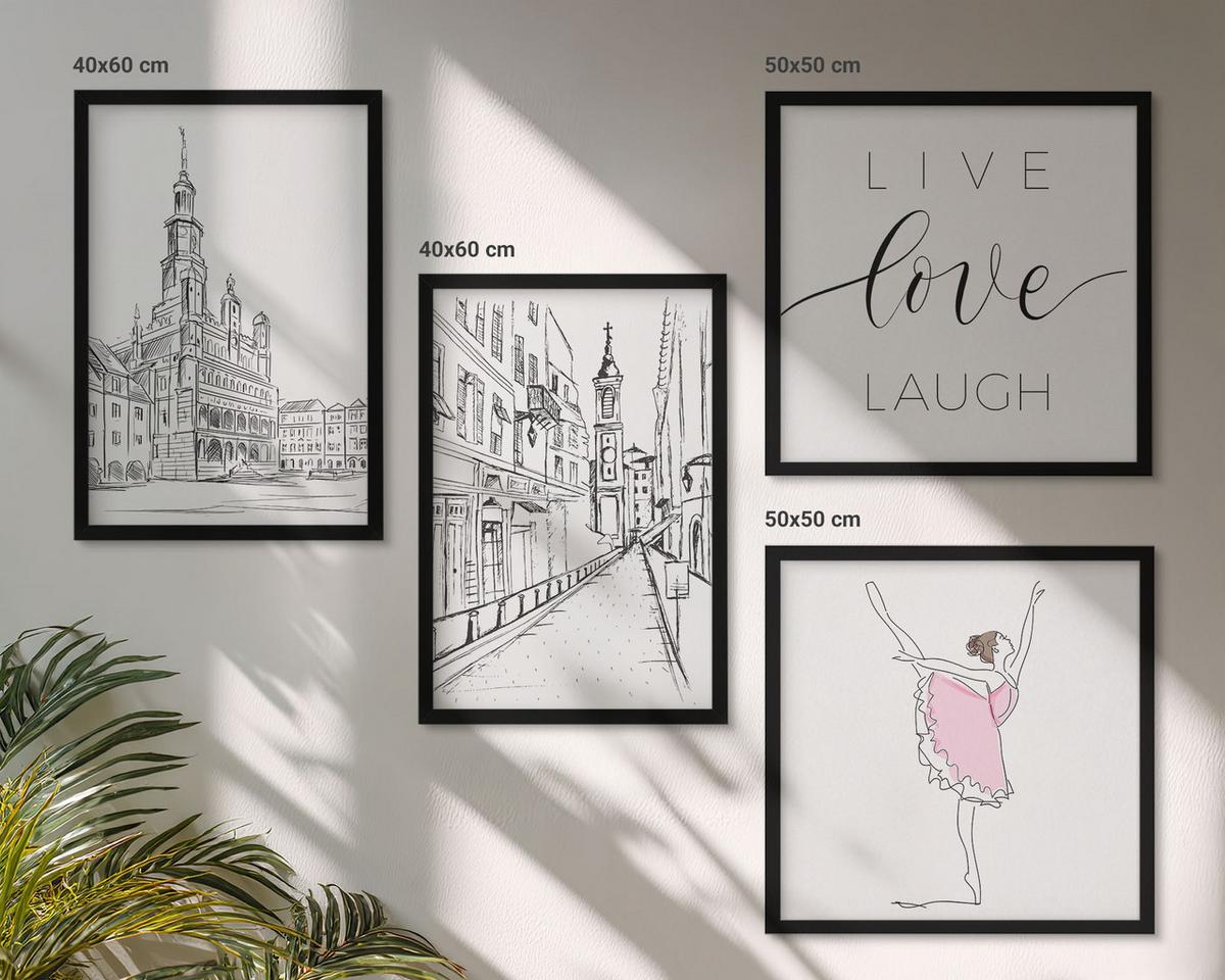 BILDER SET 4er Set - 50x50 cm & 40x60 cm Schwarzer Rahmen - Stilvolle Grafik, Ballerina-Architektur - Schwarz, Kunststoff (50/50cm) - TULUP