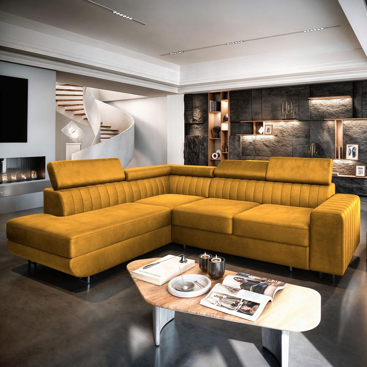 ECKSOFA NOLA L-S Gelb Velours-Stoff mit Schlaffunktion - Gelb/Silberfarben, Holz/Textil (253/190cm) - MASSENO