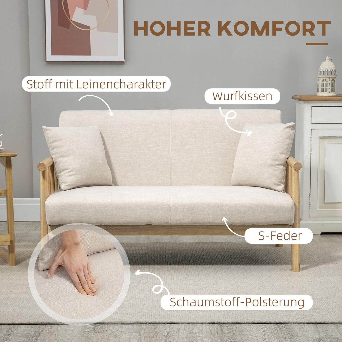 2 Sitzer Sofa, Couch mit 2 Lendenkissen, Leinenoptik für kleine Räume Beige - Beige, Kunststoff (69/74/123cm) - HOMCOM