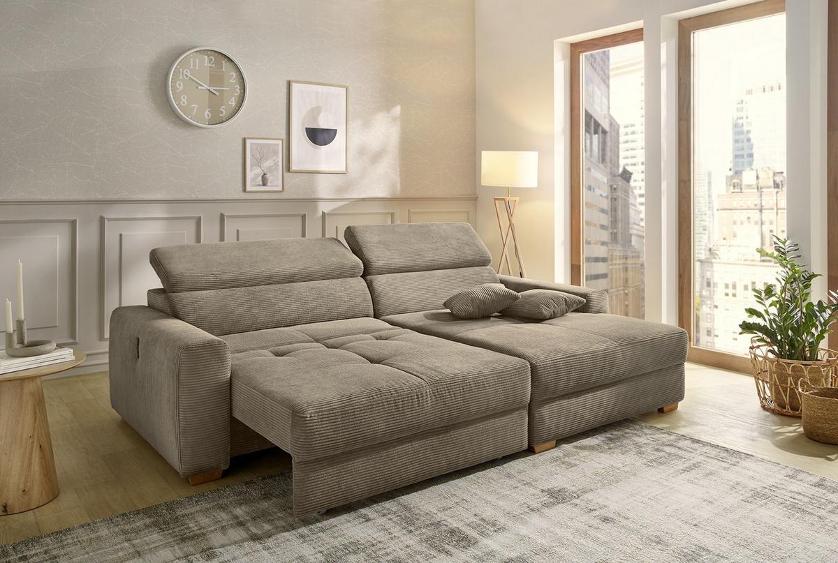 ECKSOFA mit elektrischer Sitztiefenverstellung, Kopflehnen verstellbar, USB-A und USB-C Ladefunktion B277/T187/H109 cm, Cord Braun Taupe / 15401 - Eichefarben/Braun, Eichenholz/Textil (277/187cm) - luma-home