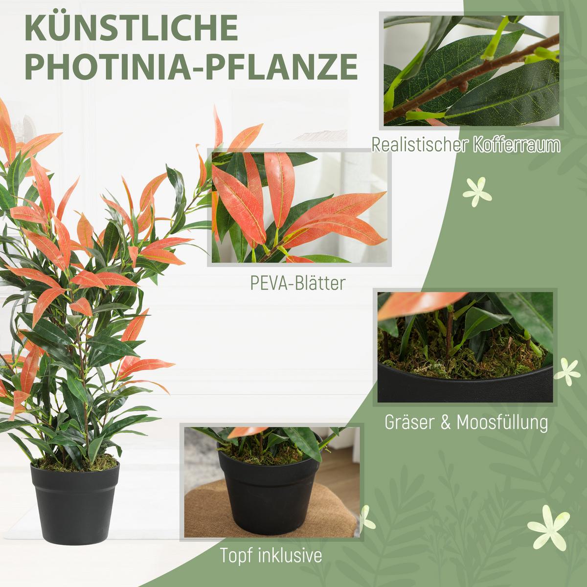 KÜNSTLICHE Glanzmispel 90 cm Kunstpflanze mit 300 Blättern künstliche Pflanze - Rot/Multicolor, Kunststoff (90cm) - HOMCOM