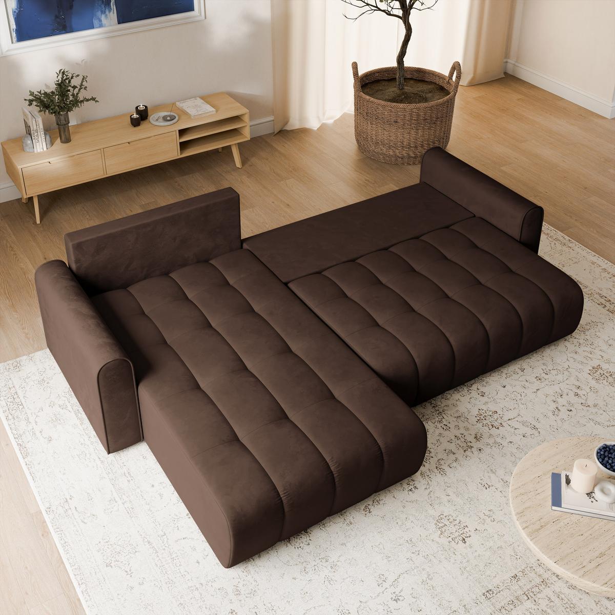 ECKSOFA FRIGA Braun Velours-Stoff mit Schlaffunktion - Braun, Holz (283/185cm) - MASSENO