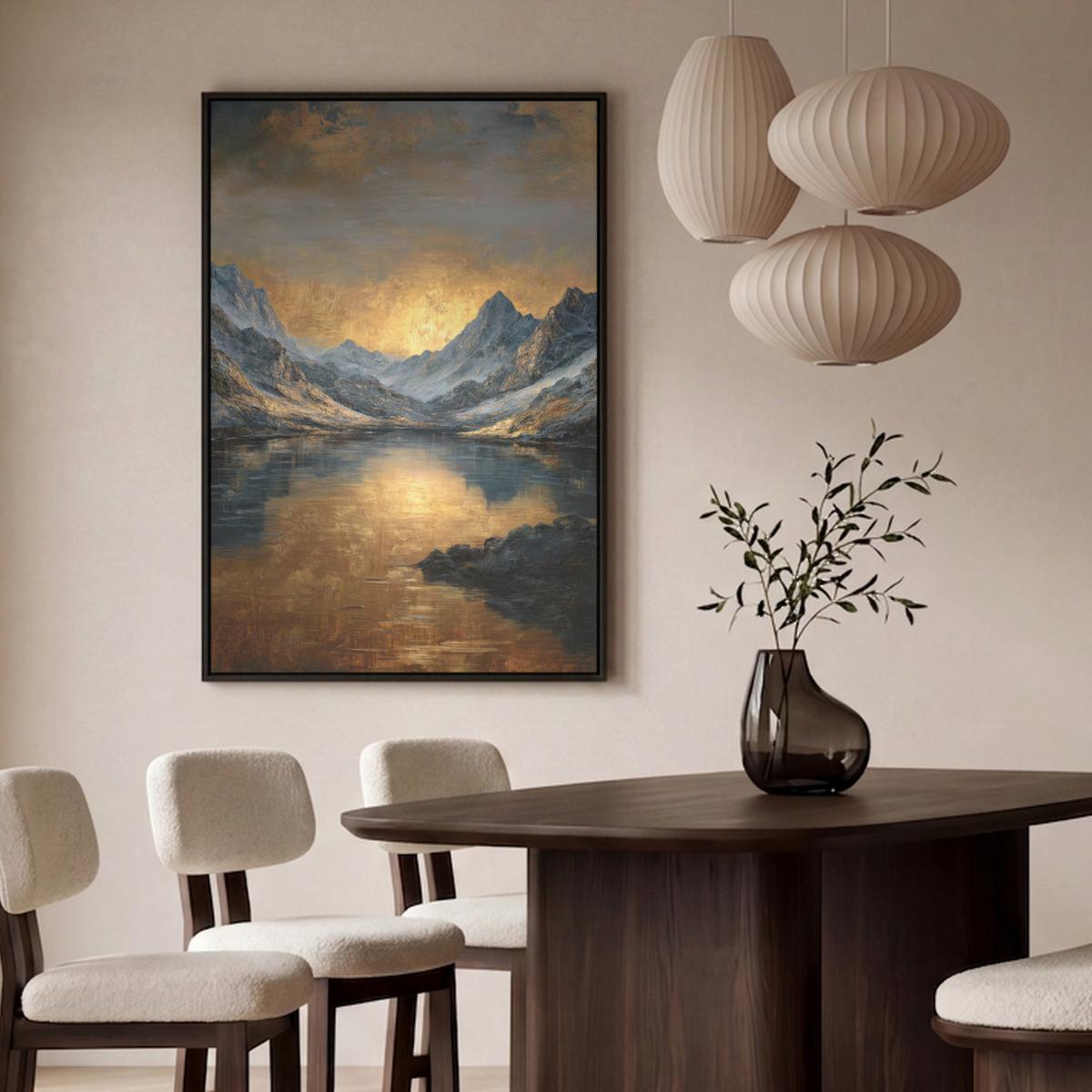 LEINWAND Bilder mit Rahmen - Bergkulisse mit goldenem Sonnenuntergang - 80x120 - Goldfarben, Textil (80/120cm) - MuchoWow
