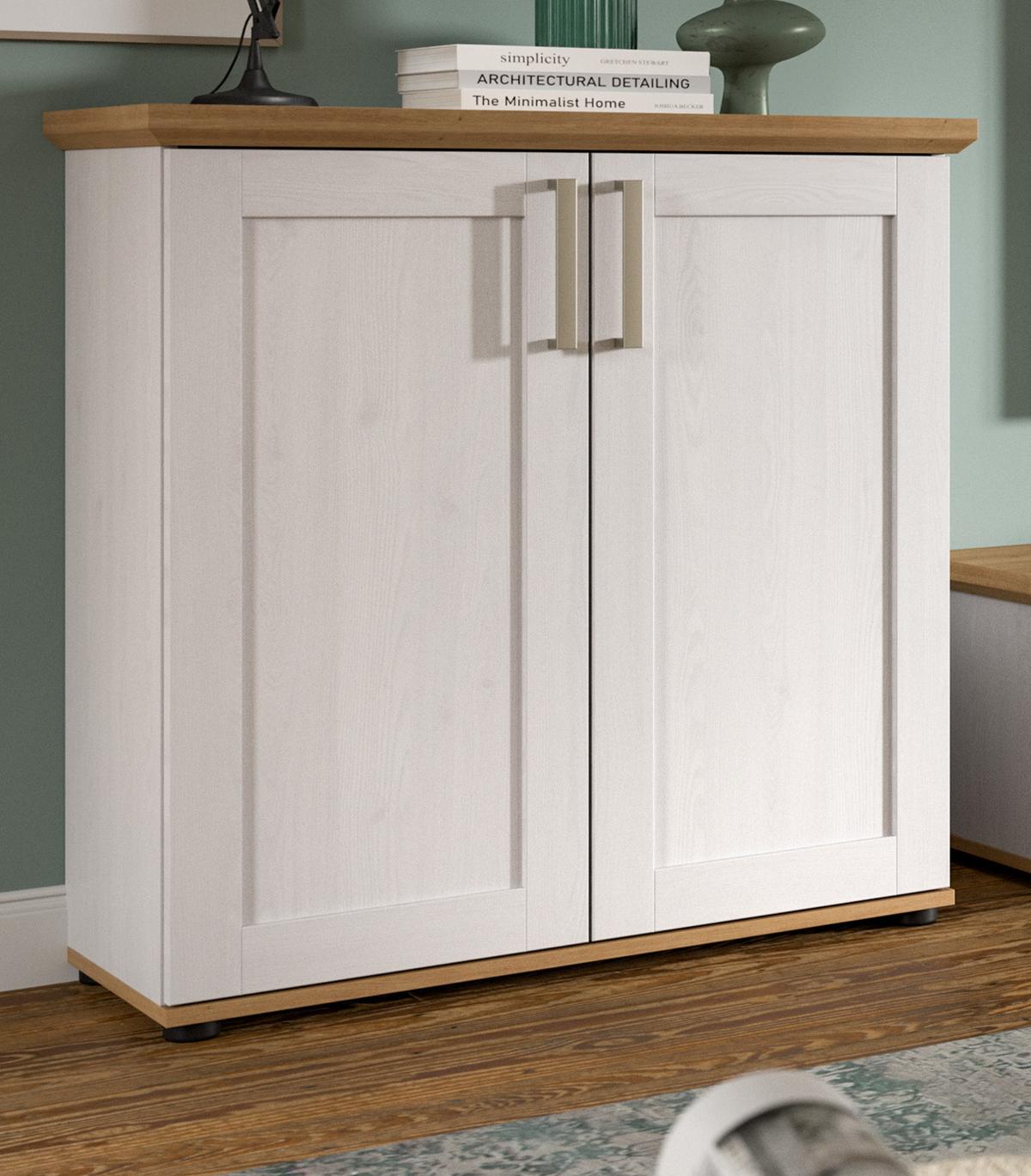 KOMMODE weiß Lärche, Eiche Artisan 84 cm, Highboard Landhaus Stil - Silberfarben/Schwarz, Holzwerkstoff/Kunststoff (84/88/37cm) - Inn.Furn