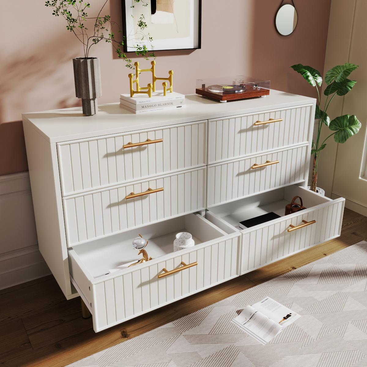 SIDEBOARD holzwerkstoff weiß mit geriffelter front & 6 schubladen - Weiß, Holzwerkstoff (120/40/75cm) - Urban Meuble