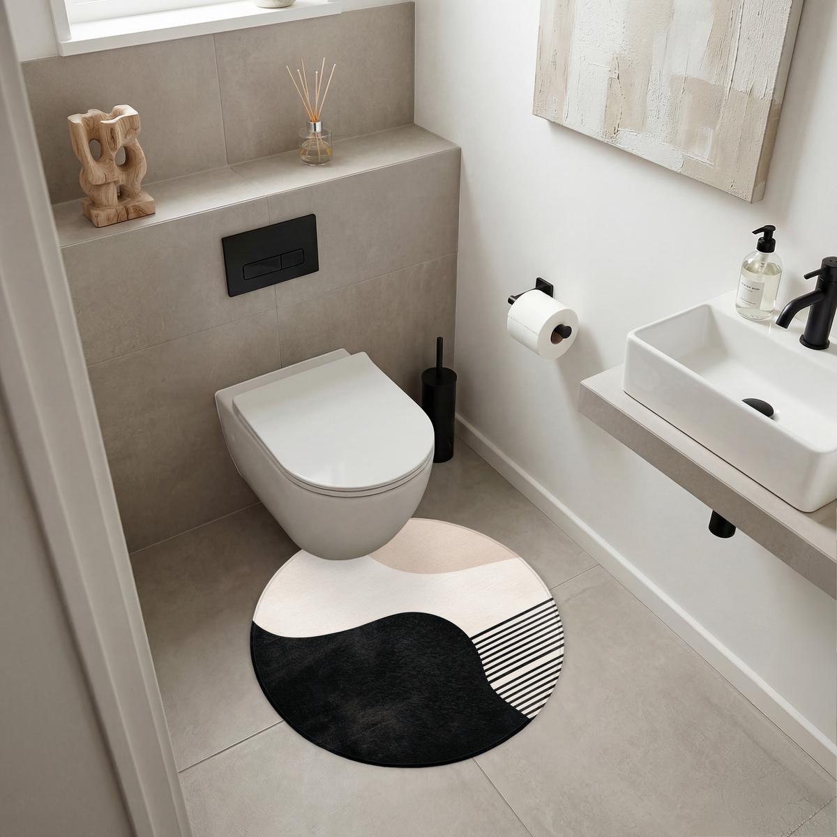 BADEMATTE Abstrakt - Japandi - Beige - Modern Badvorleger 70x70 cm - Beige/Schwarz, Textil (70/70cm) - OnlyWow