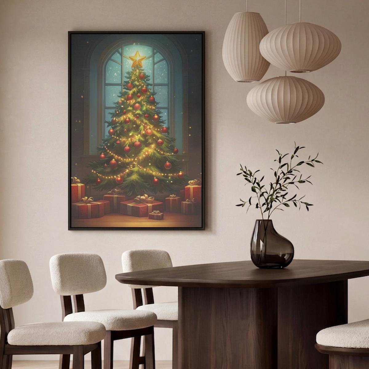 LEINWAND Bilder mit Rahmen - Weihnachtsbaum - Geschenk - Winter - 100x150 - Grün, Textil (100/150cm) - MuchoWow