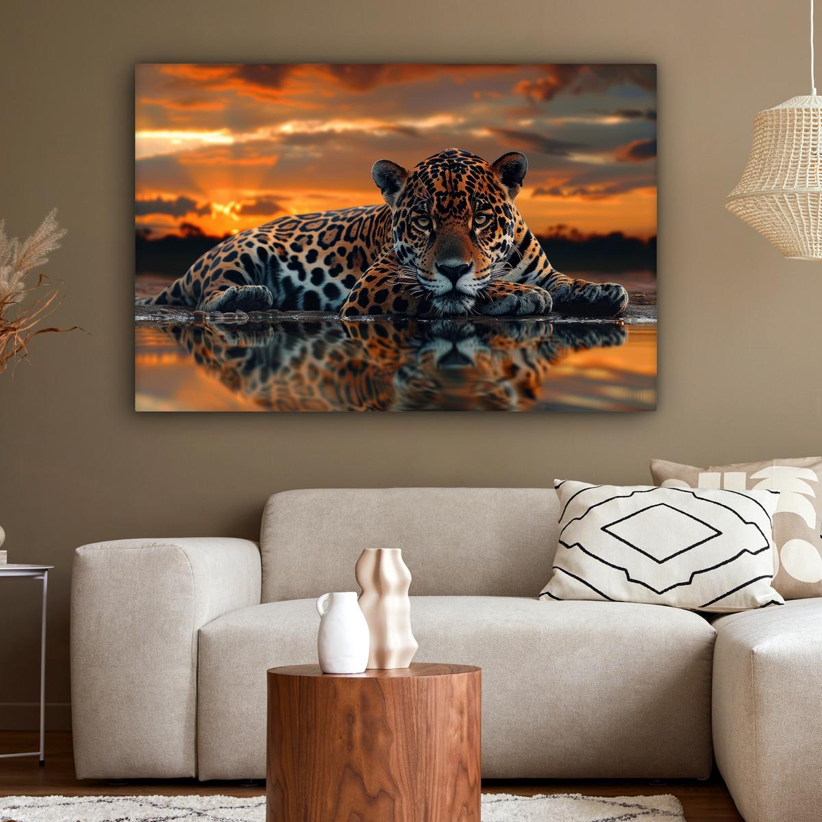 LEINWANDBILD Natur - Leopard - Tier - Sonnenuntergang - Modern XXL 150x100 cm - Orange, Textil (150/100cm) - MuchoWow