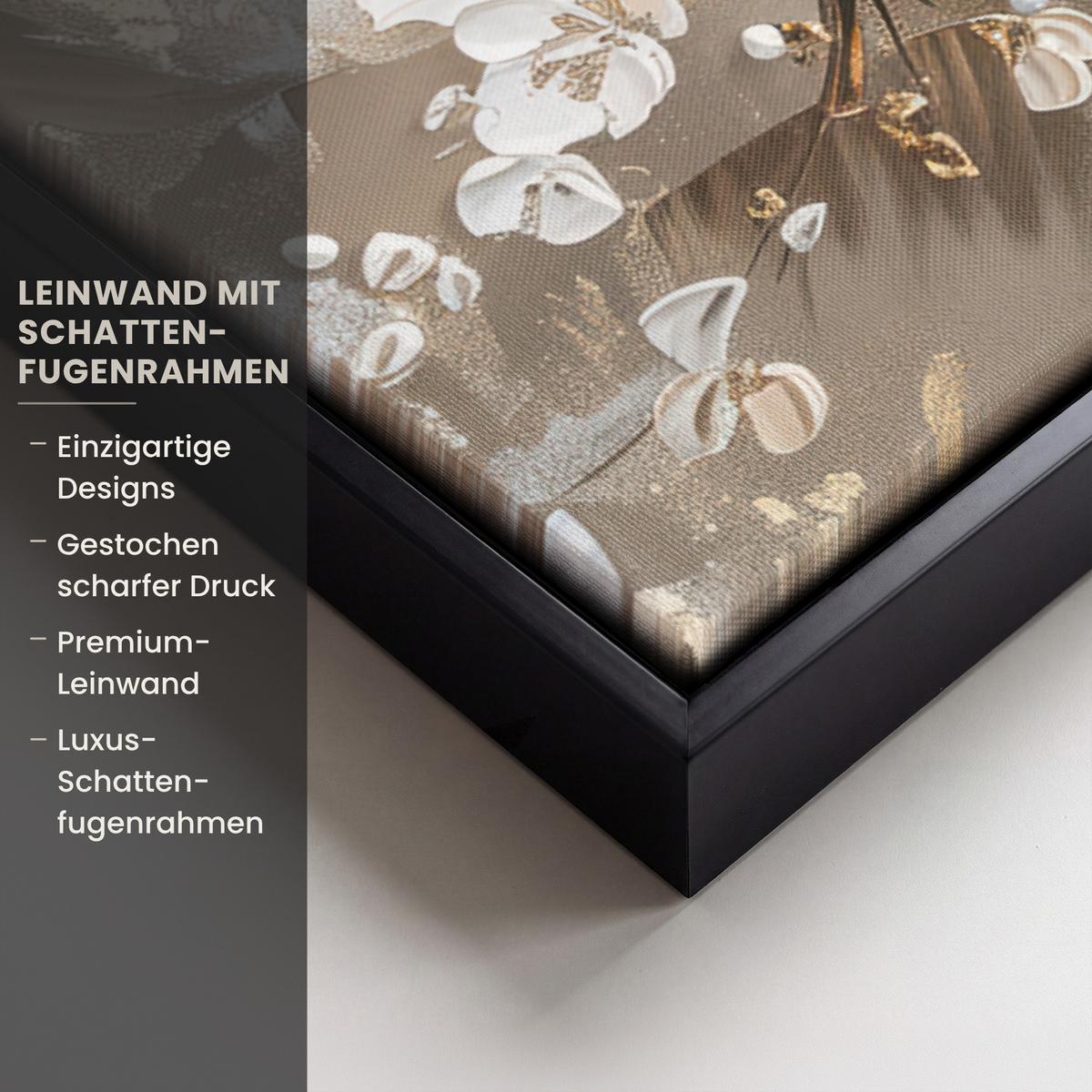 LEINWAND Bilder mit Rahmen - Blumen - Weiß - Gold - Beige - Luxus - 100x70 - Greige, Textil (100/70cm) - MuchoWow
