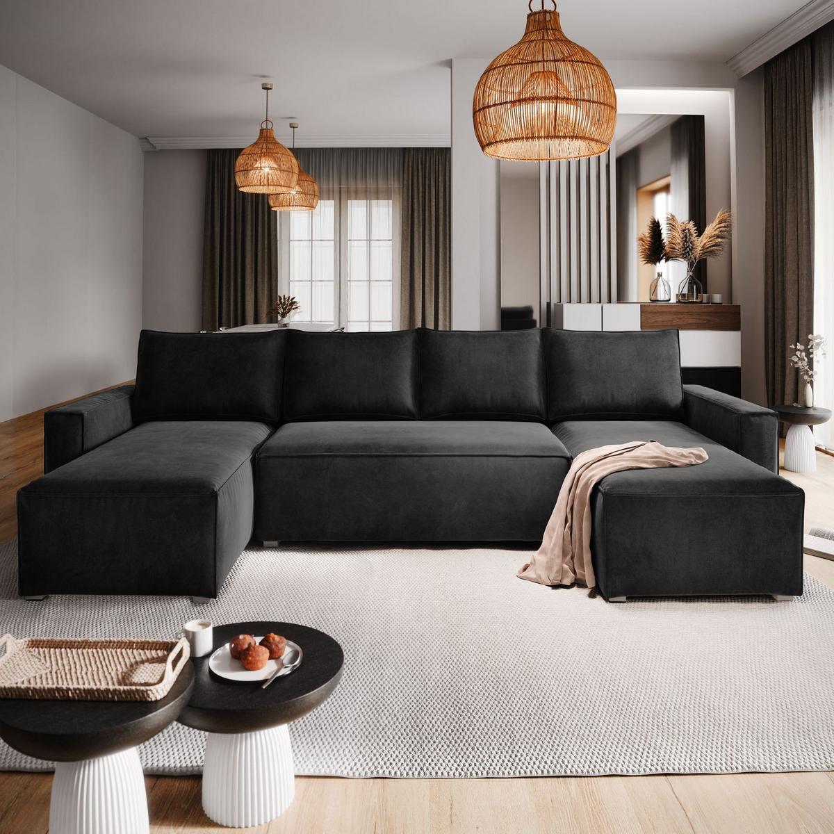 WOHNLANDSCHAFT DENI Schwarz Velours-Stoff mit Schlaffunktion - Schwarz/Grau, Holz/Kunststoff (295/85/140cm) - MASSENO
