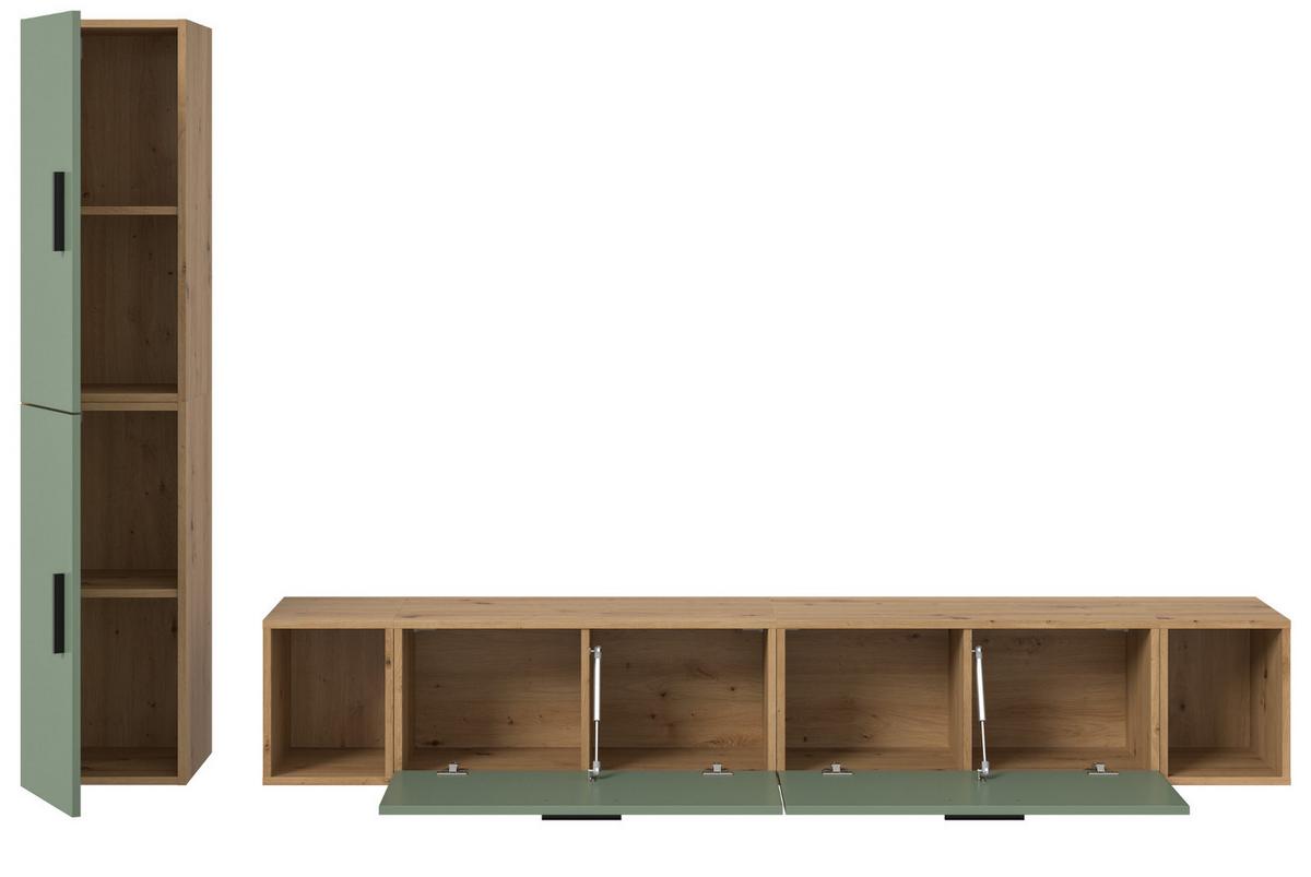WOHNWAND grün, Eiche Artisan 249 x 184 cm, Wohnkombination hängend / stehend - Schwarz/Eiche Artisan, Holzwerkstoff/Kunststoff (249/184/34cm) - Inn.Furn