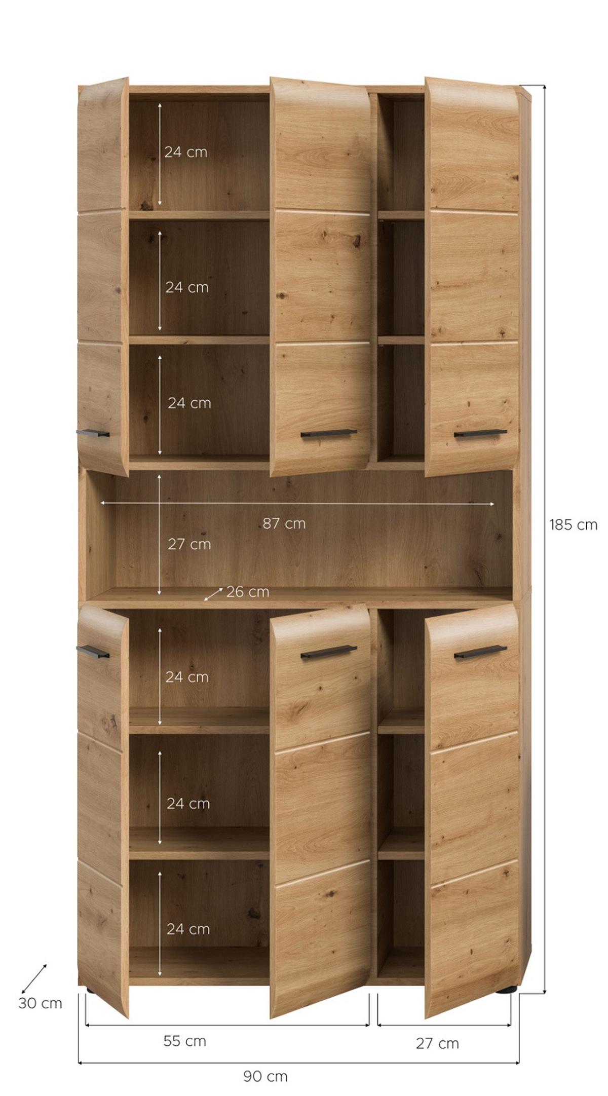 HOCHSCHRANK Eiche Artisan, Badschrank Mehrzweckschrank 6-türig 90 x 185 cm - Schwarz/Eiche Artisan, Holzwerkstoff/Kunststoff (90/185/30cm) - Inn.Furn