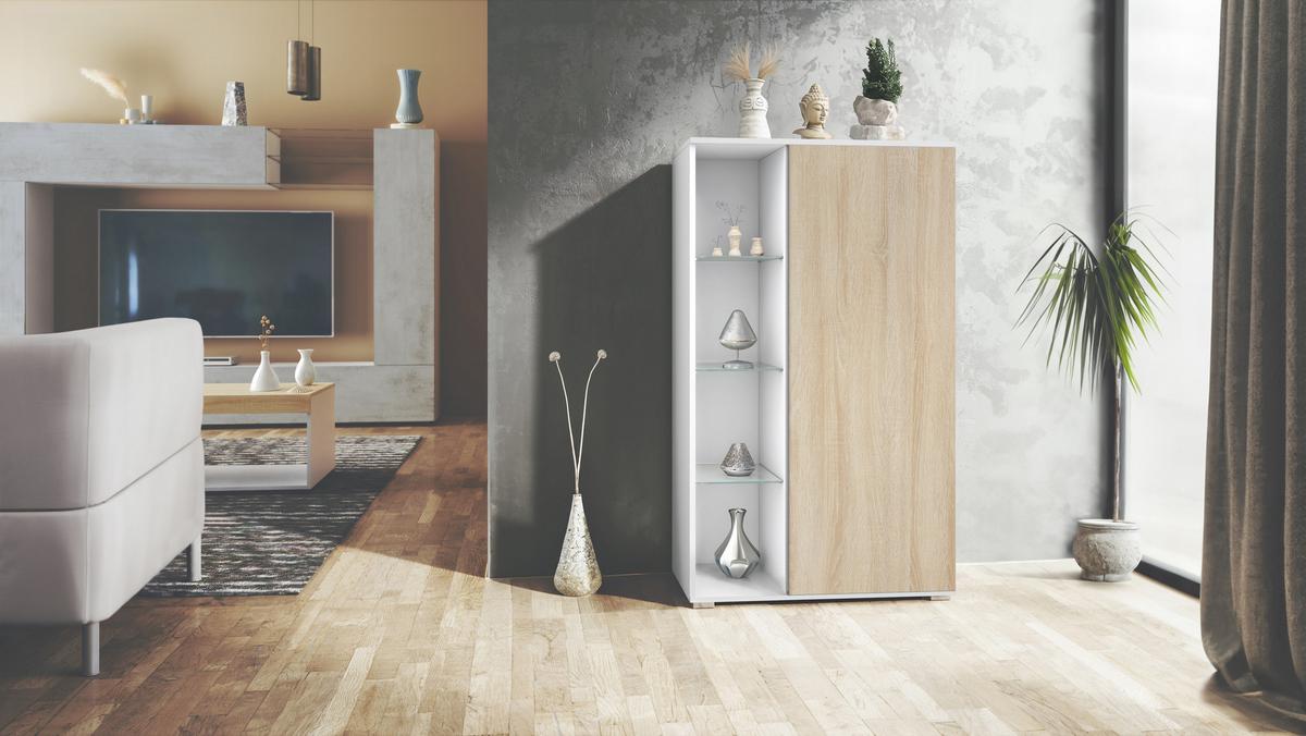 VITRINE Davos Eiche sägerau - Eiche San Remo, Holzwerkstoff (71.5/134/35cm) - Vladon