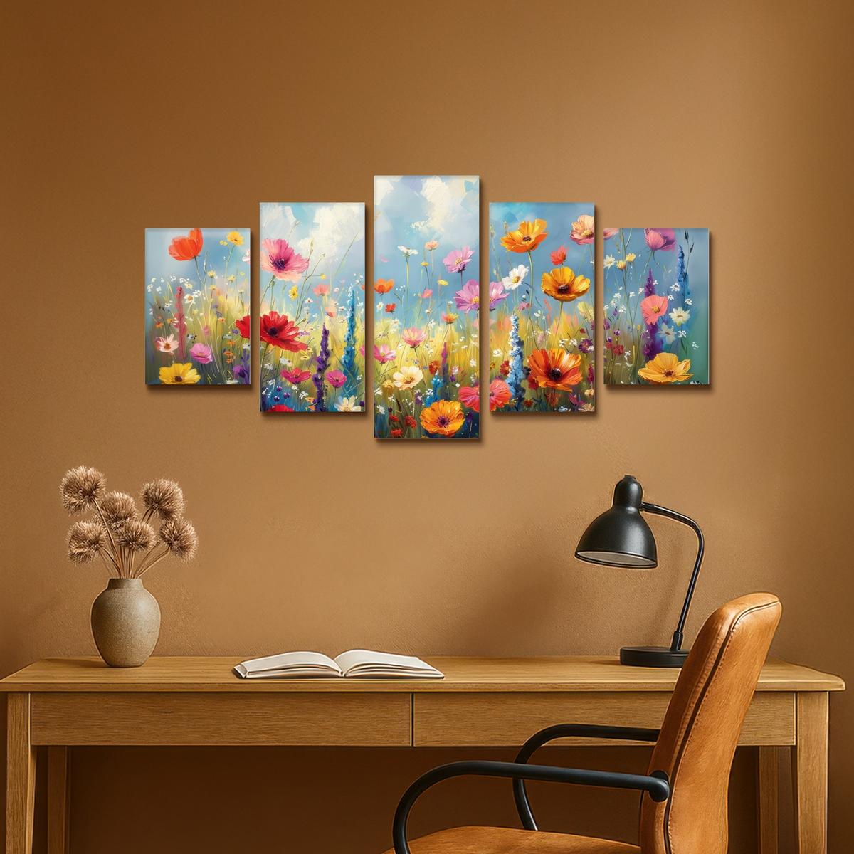 LEINWANDBILD 5er Set Blumen - Frühling - Farbenfroh - Sommerlich 100x50 cm - Orange, Textil (100/50cm) - MuchoWow