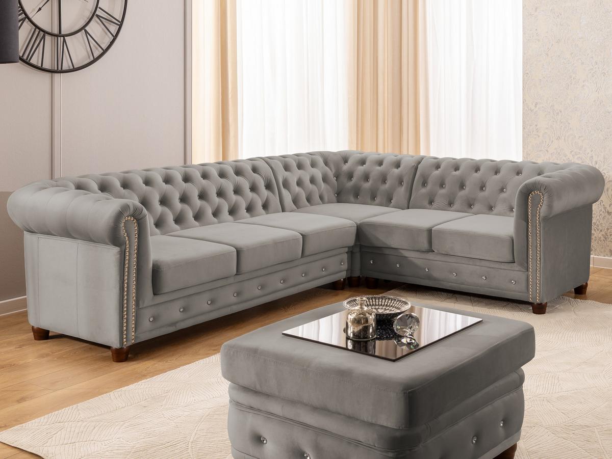ECKSOFA mit Schlaffunktion Chesterfield Grau Samt mit Kristallsteppung und braunen Massivholzfüßen - Ottomane Rechts - Braun/Grau, Holz/Textil (264/210cm) - S-Style Möbel