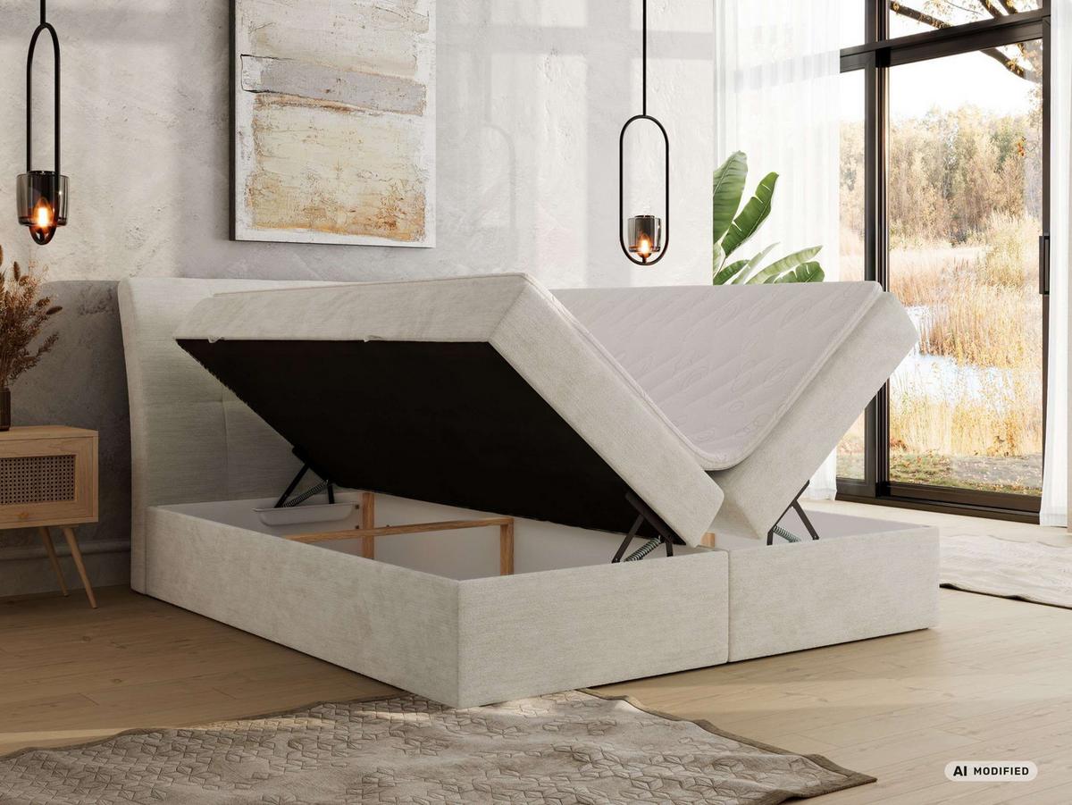BOXBETT DAGOS 120/200 - Creme Schenille glatt - Topper T25 - H3 - Creme/Schwarz, Kunststoff/Textil (120/200cm) - MKS